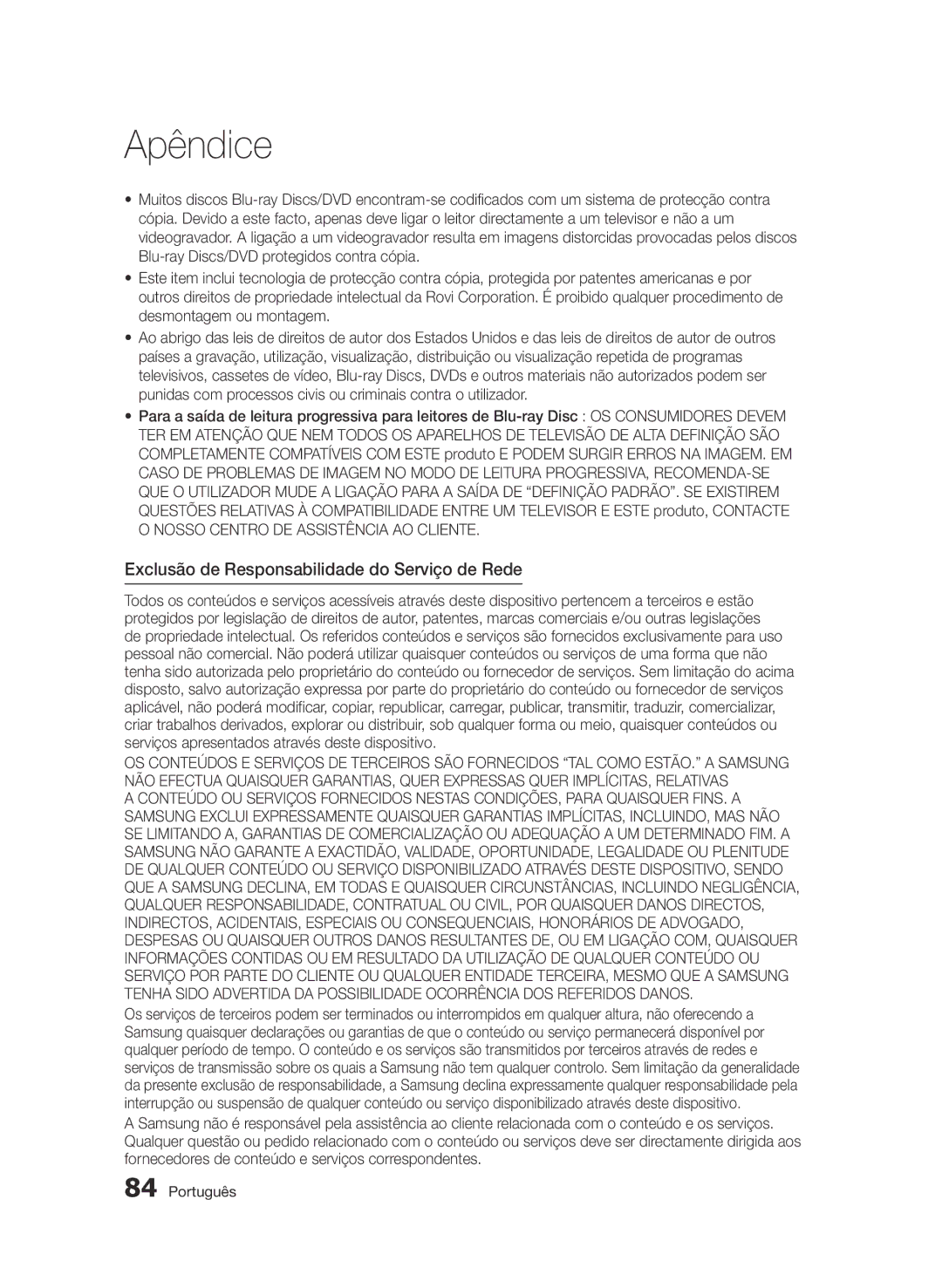 Samsung BD-D6900/ZF manual Exclusão de Responsabilidade do Serviço de Rede 