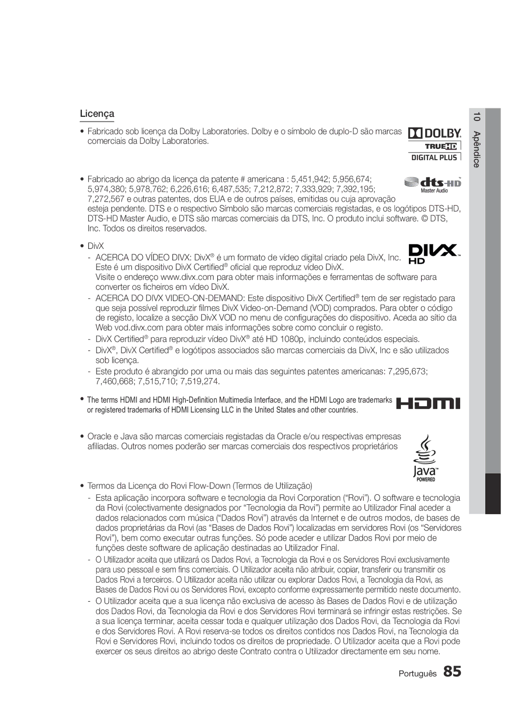 Samsung BD-D6900/ZF manual Termos da Licença do Rovi Flow-Down Termos de Utilização 