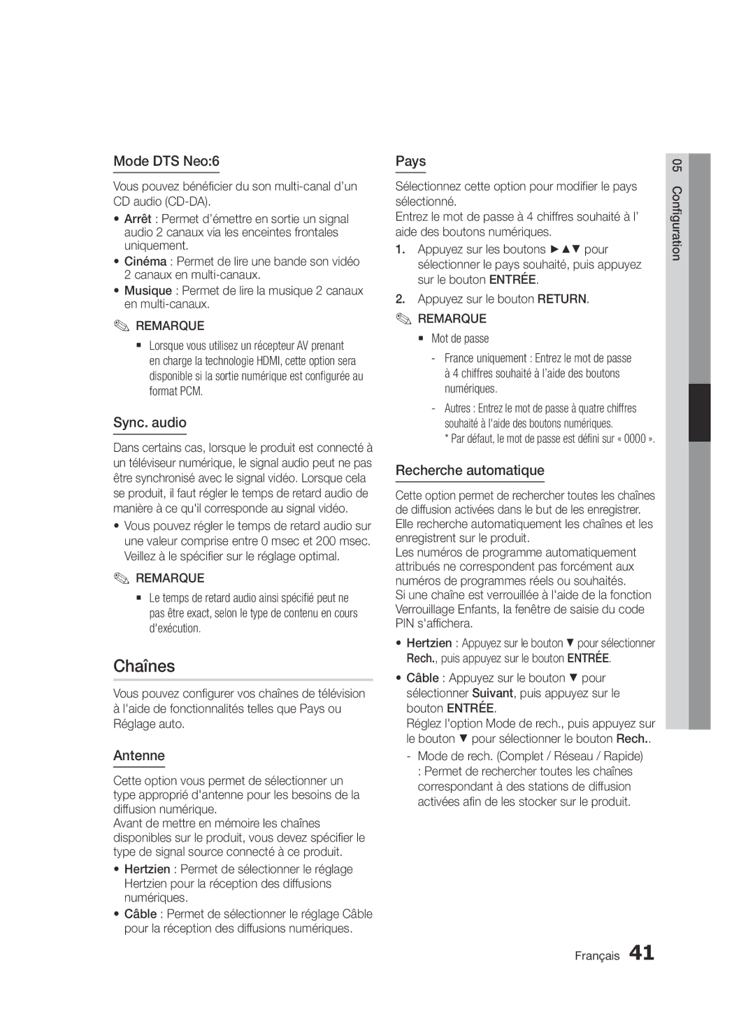 Samsung BD-D6900/ZF manual Chaînes 