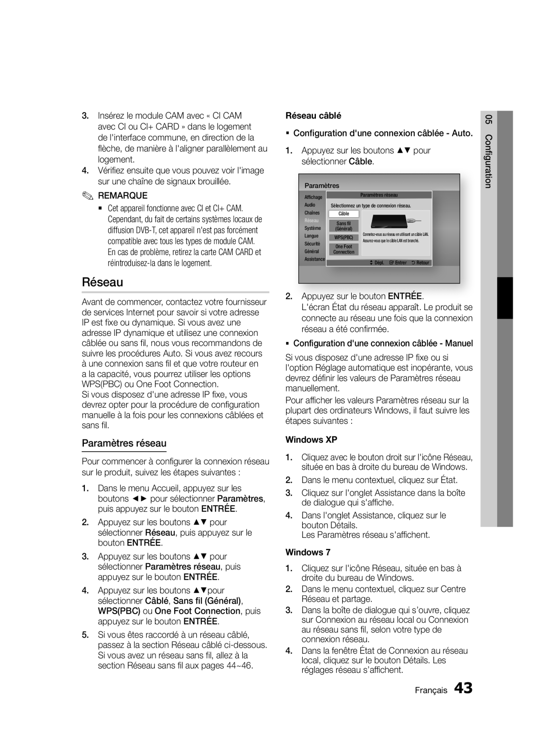 Samsung BD-D6900/ZF manual Paramètres réseau, Réseau câblé, Windows XP 