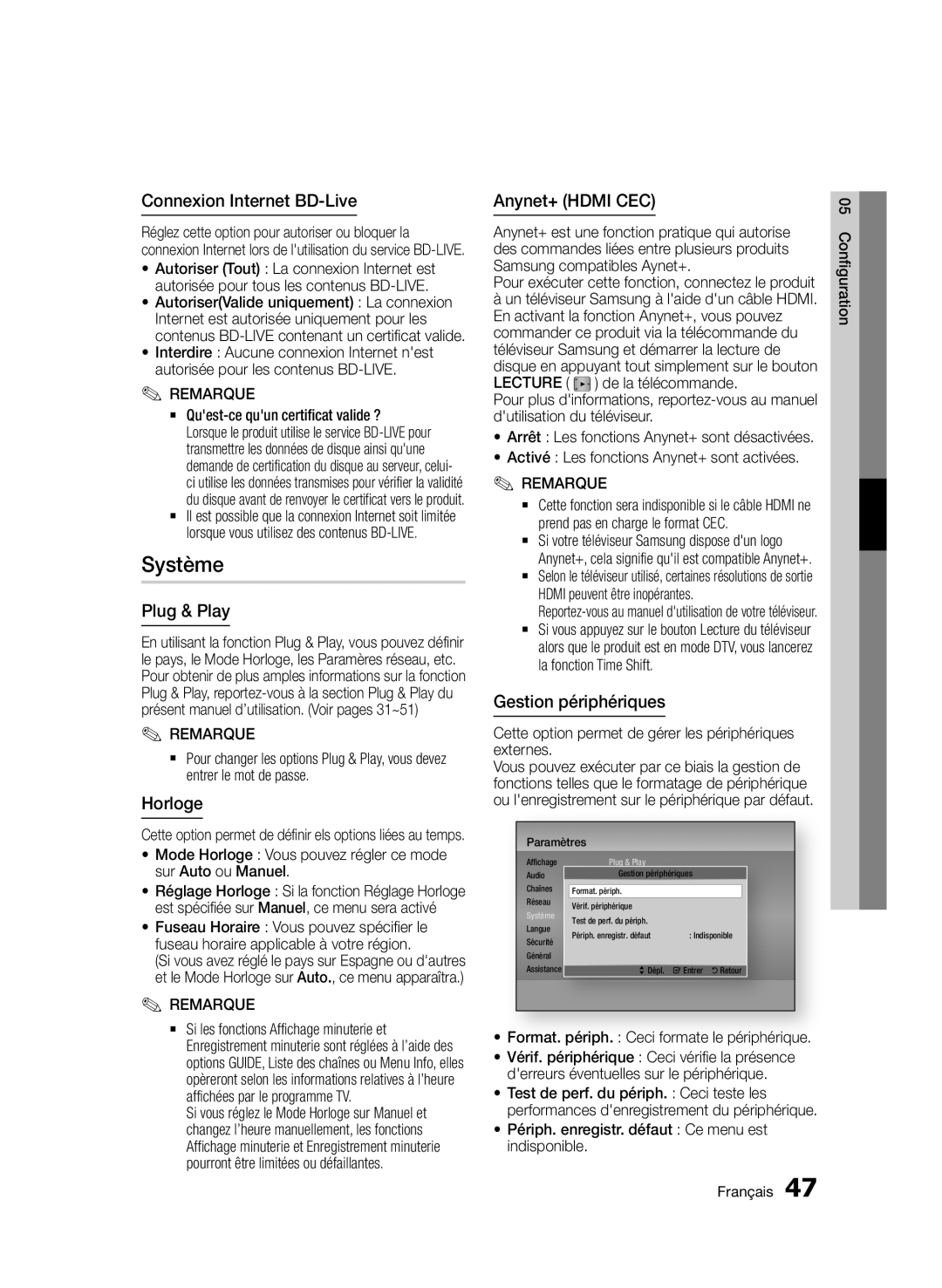 Samsung BD-D6900/ZF manual Système 