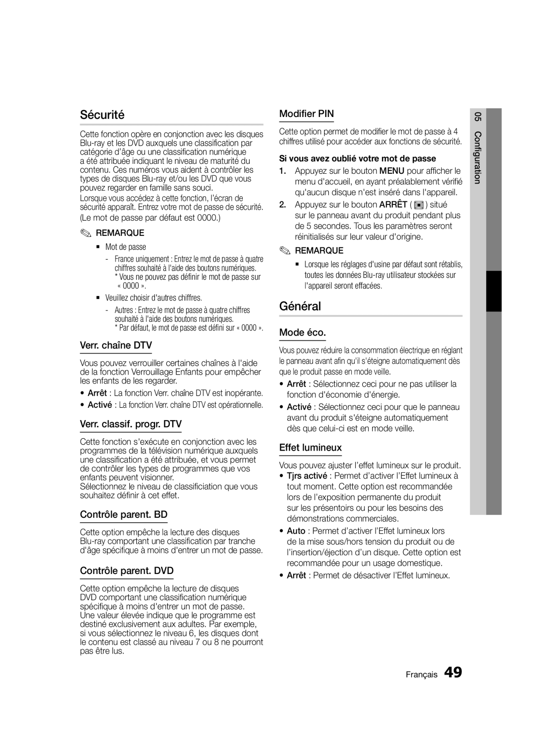 Samsung BD-D6900/ZF manual Sécurité, Général 