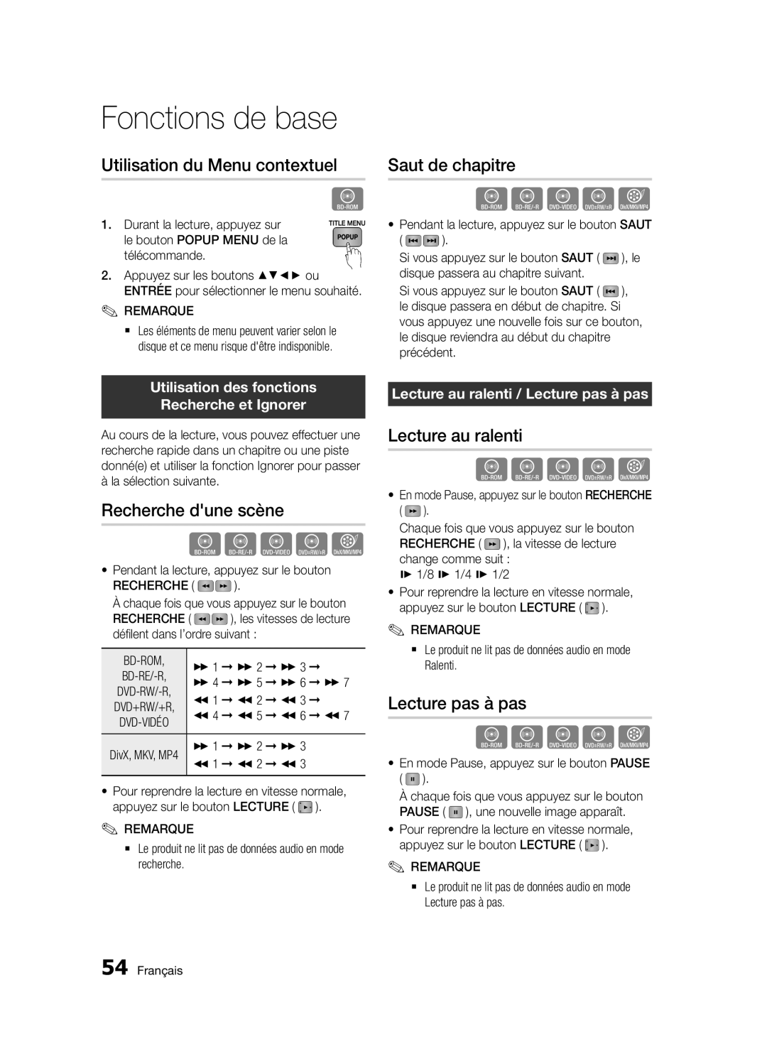 Samsung BD-D6900/ZF manual Utilisation du Menu contextuel, Recherche dune scène, Saut de chapitre, Lecture au ralenti 