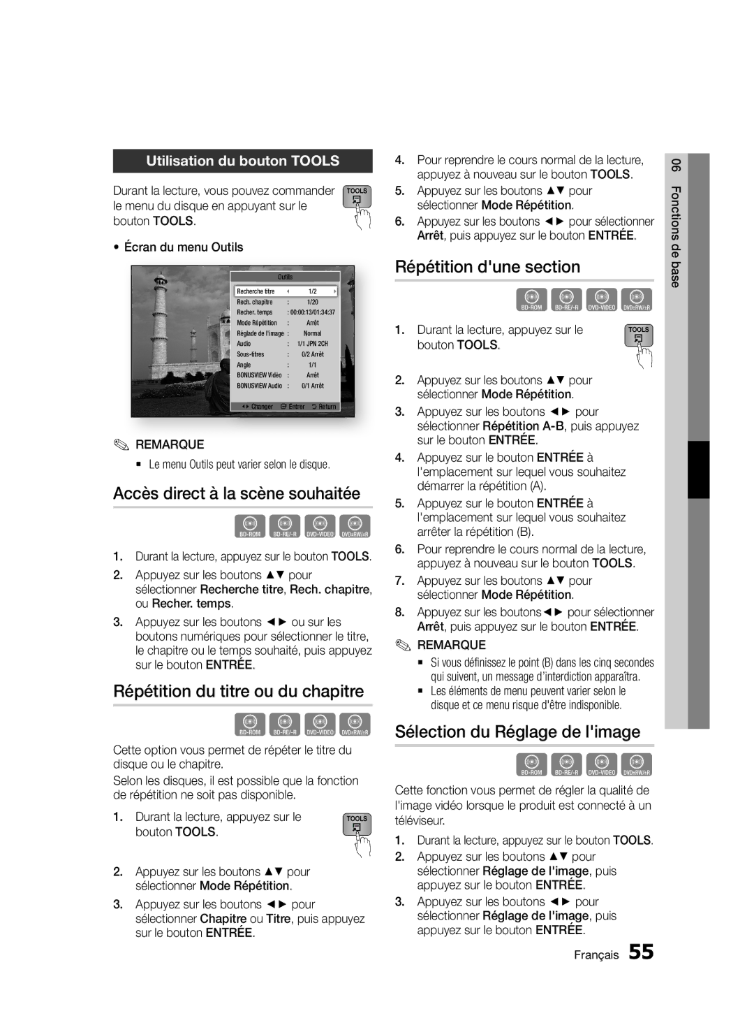 Samsung BD-D6900/ZF manual Accès direct à la scène souhaitée, Répétition du titre ou du chapitre, Répétition dune section 