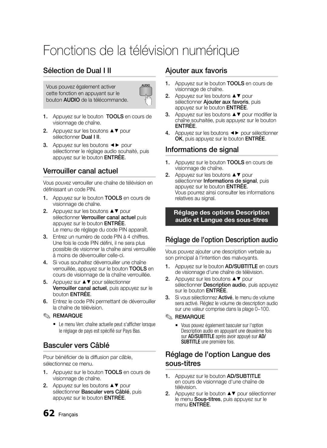 Samsung BD-D6900/ZF manual Sélection de Dual I, Verrouiller canal actuel, Basculer vers Câblé, Ajouter aux favoris 