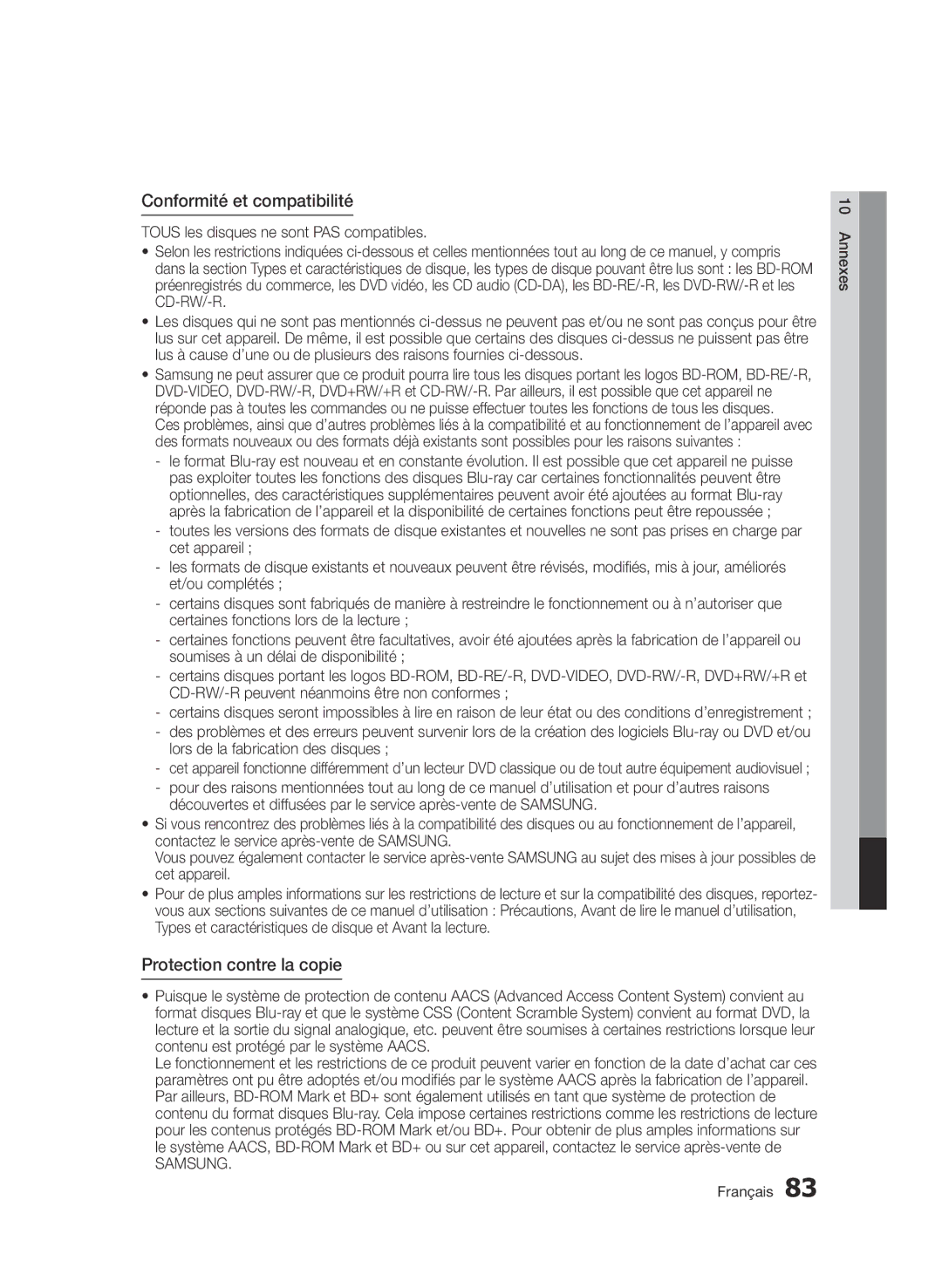 Samsung BD-D6900/ZF Conformité et compatibilité, Protection contre la copie, Lors de la fabrication des disques, Samsung 