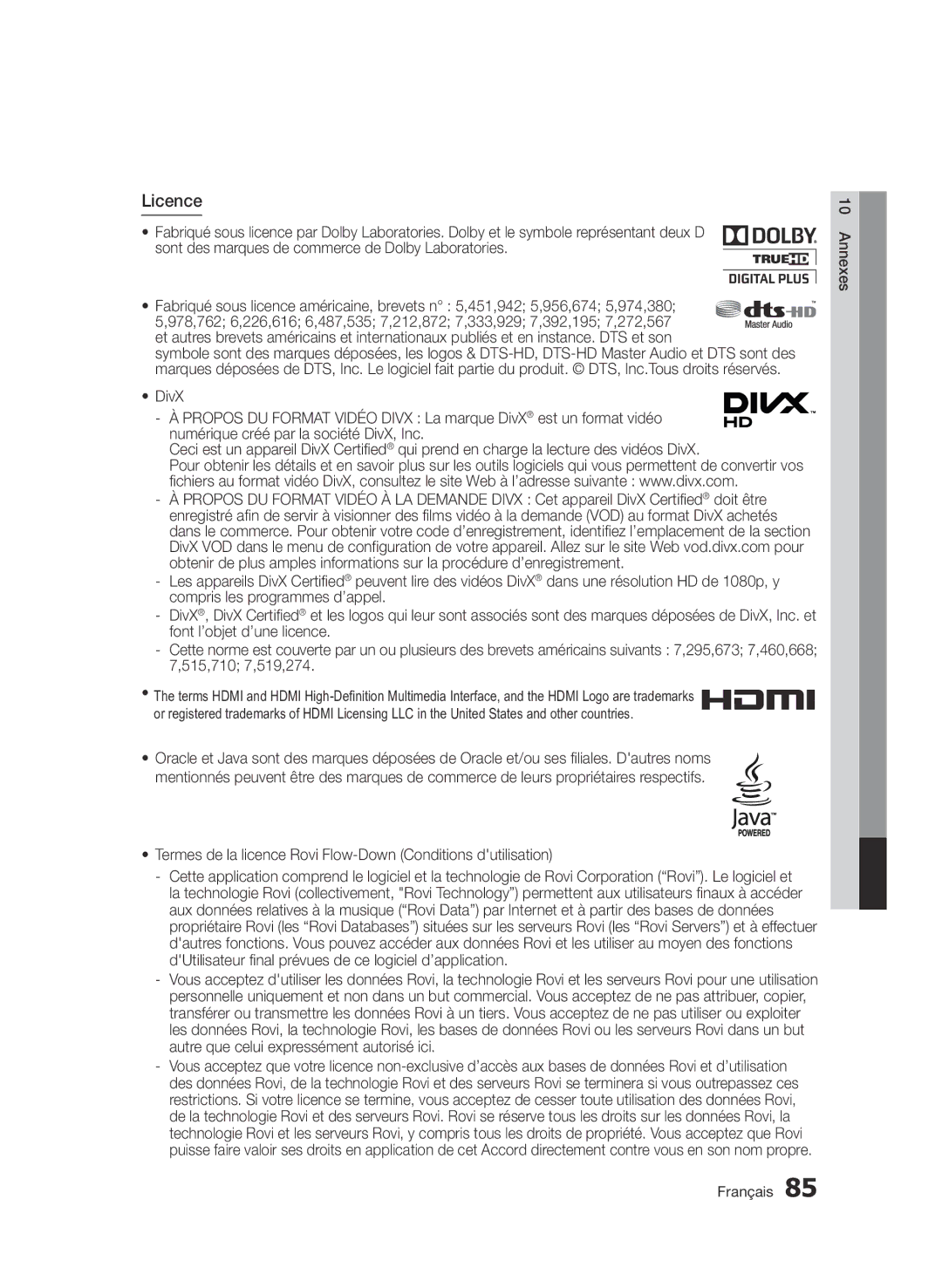 Samsung BD-D6900/ZF manual Licence, Termes de la licence Rovi Flow-Down Conditions dutilisation 