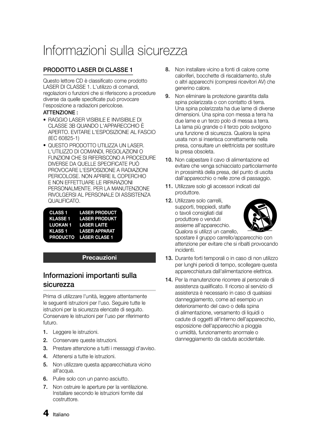 Samsung BD-D6900/ZF manual Informazioni importanti sulla sicurezza, Precauzioni 