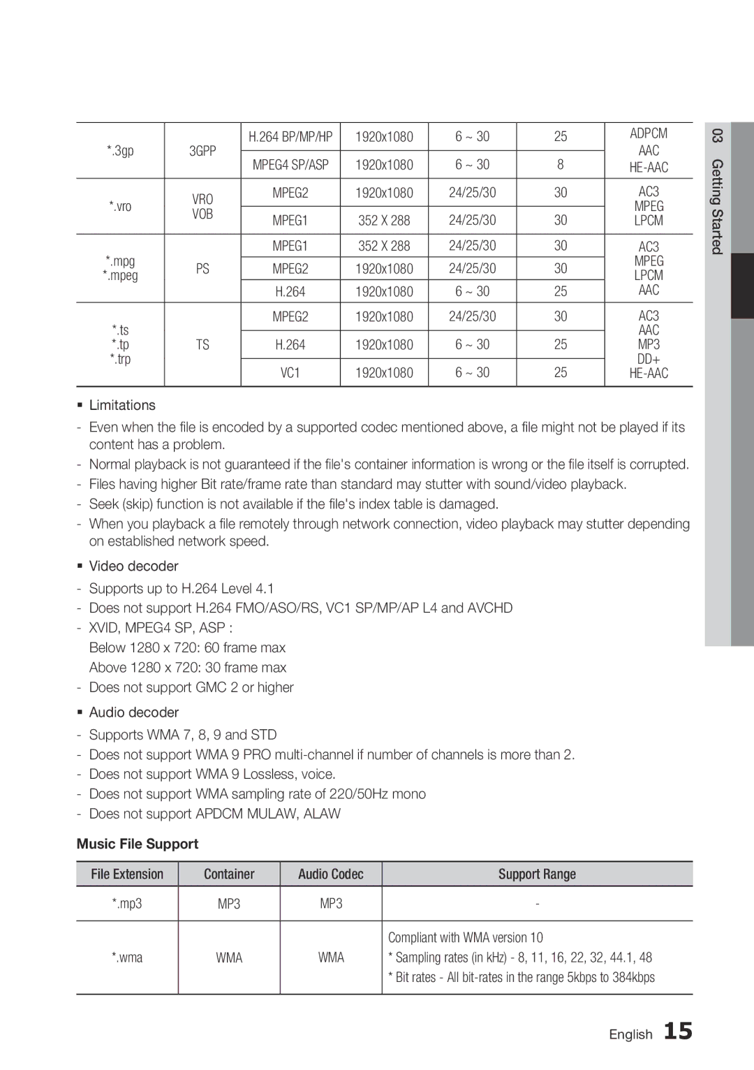 Samsung BD-D7000 user manual Music File Support, Compliant with WMA version 