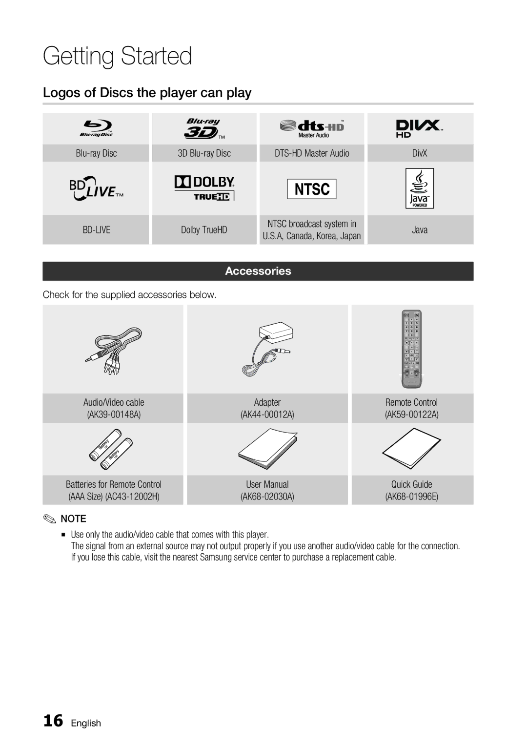 Samsung BD-D7000 user manual Logos of Discs the player can play, Accessories 