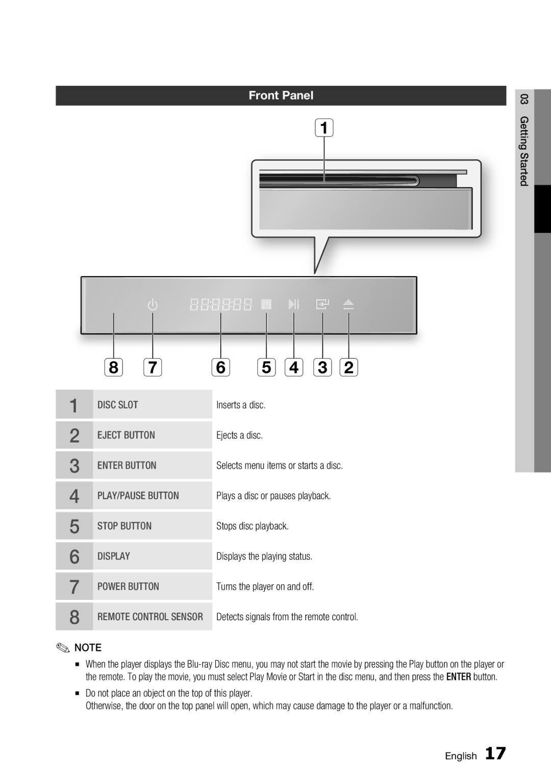 Samsung BD-D7000 user manual Front Panel, Do not place an object on the top of this player 