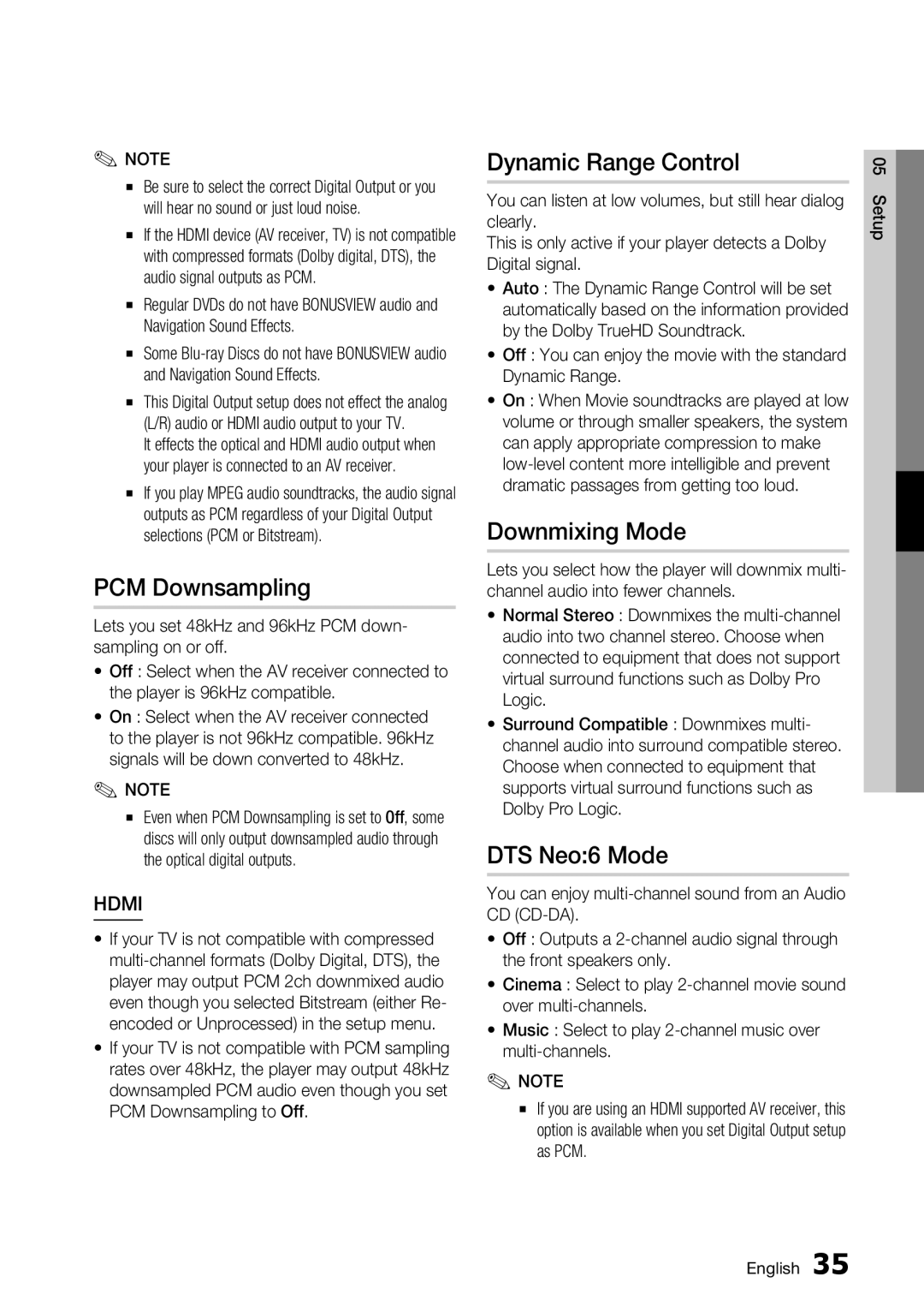 Samsung BD-D7000 user manual PCM Downsampling, Dynamic Range Control, Downmixing Mode, DTS Neo6 Mode 