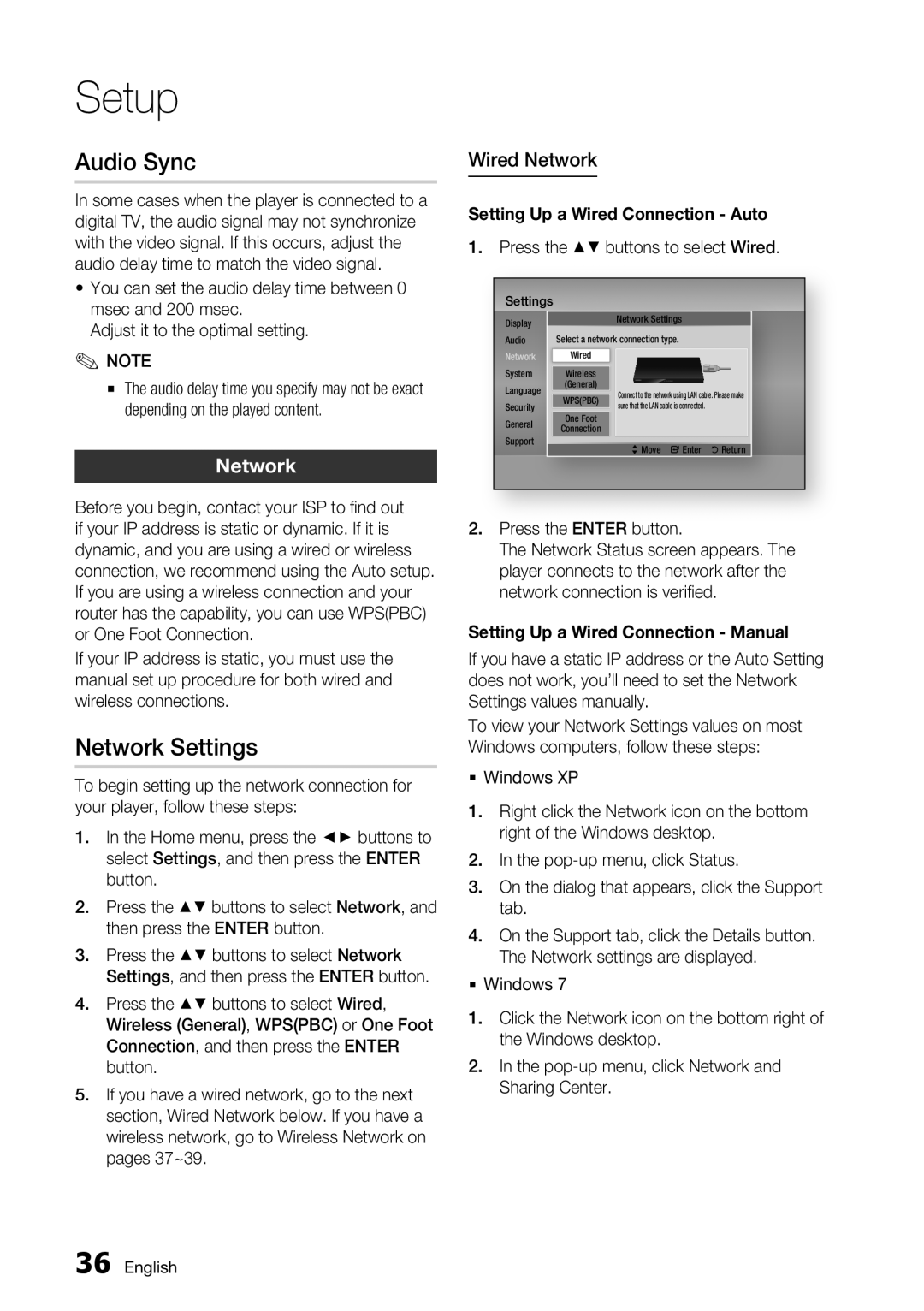 Samsung BD-D7000 user manual Audio Sync, Network Settings, Wired Network 