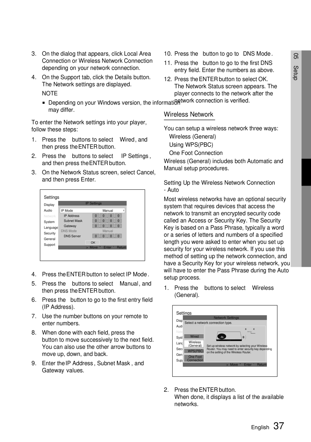 Samsung BD-D7000 user manual Setting Up the Wireless Network Connection Auto 