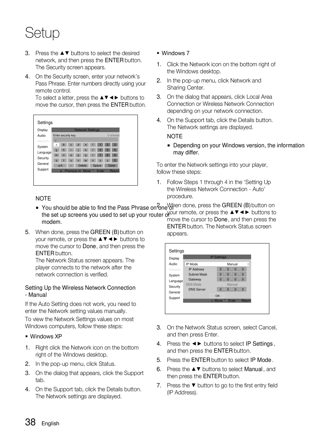 Samsung BD-D7000 user manual Setting Up the Wireless Network Connection Manual 