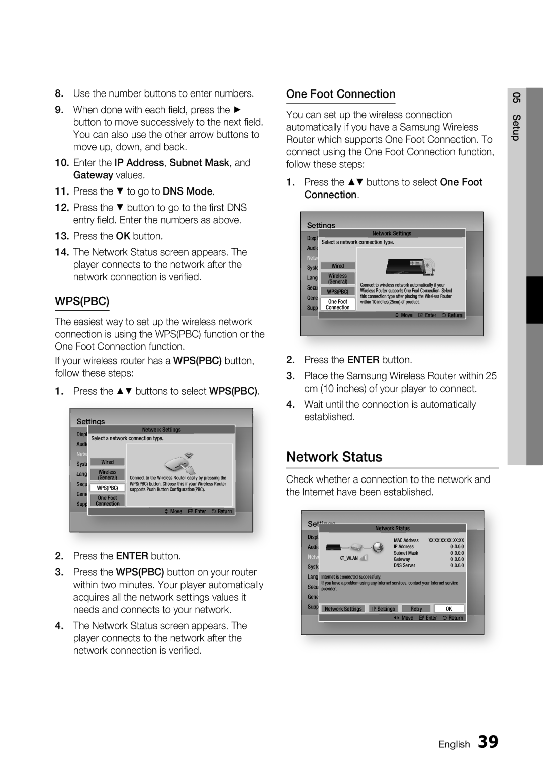 Samsung BD-D7000 user manual Network Status, One Foot Connection, Press the OK button 