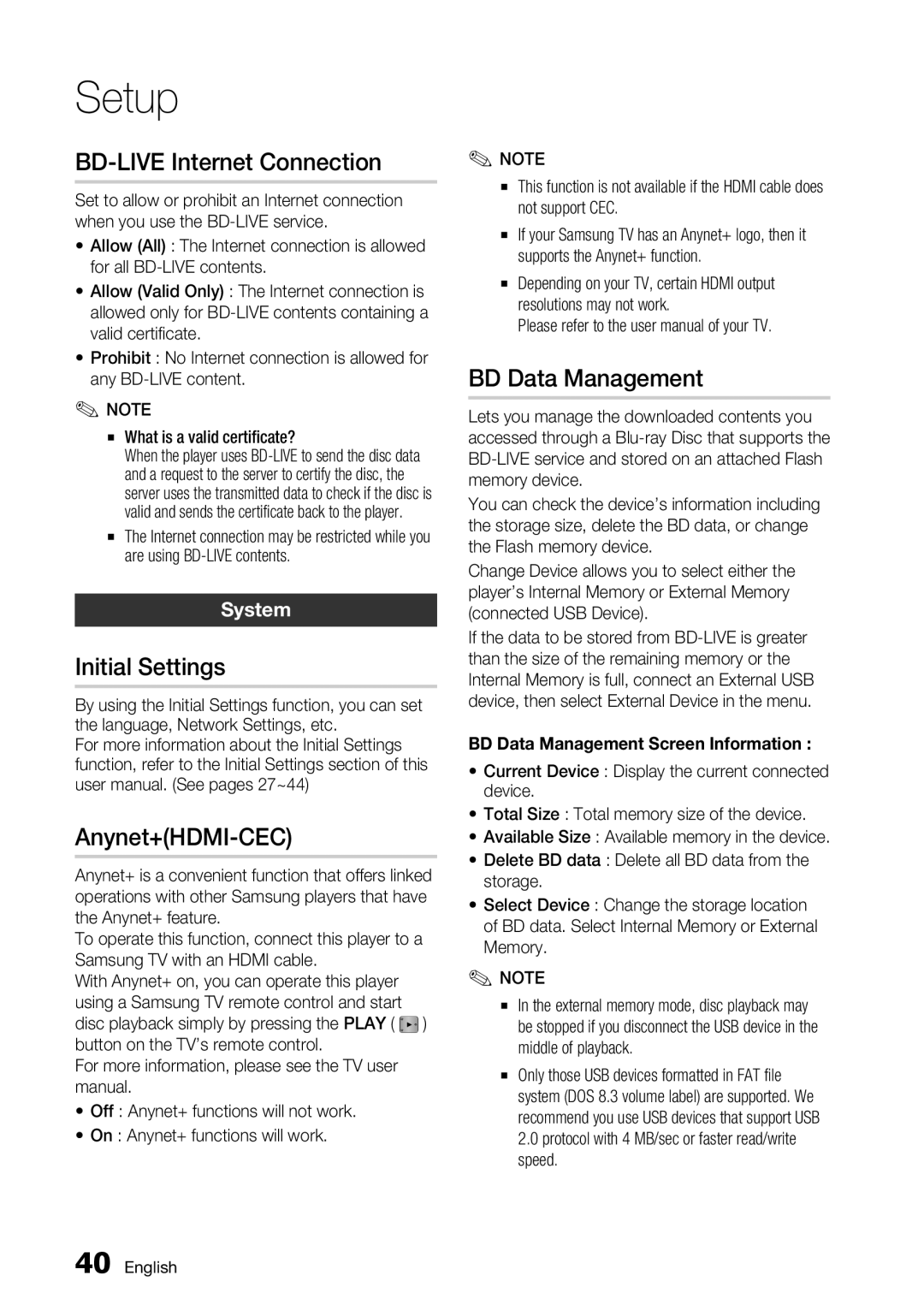 Samsung BD-D7000 user manual BD-LIVE Internet Connection, Initial Settings, Anynet+HDMI-CEC, BD Data Management, System 