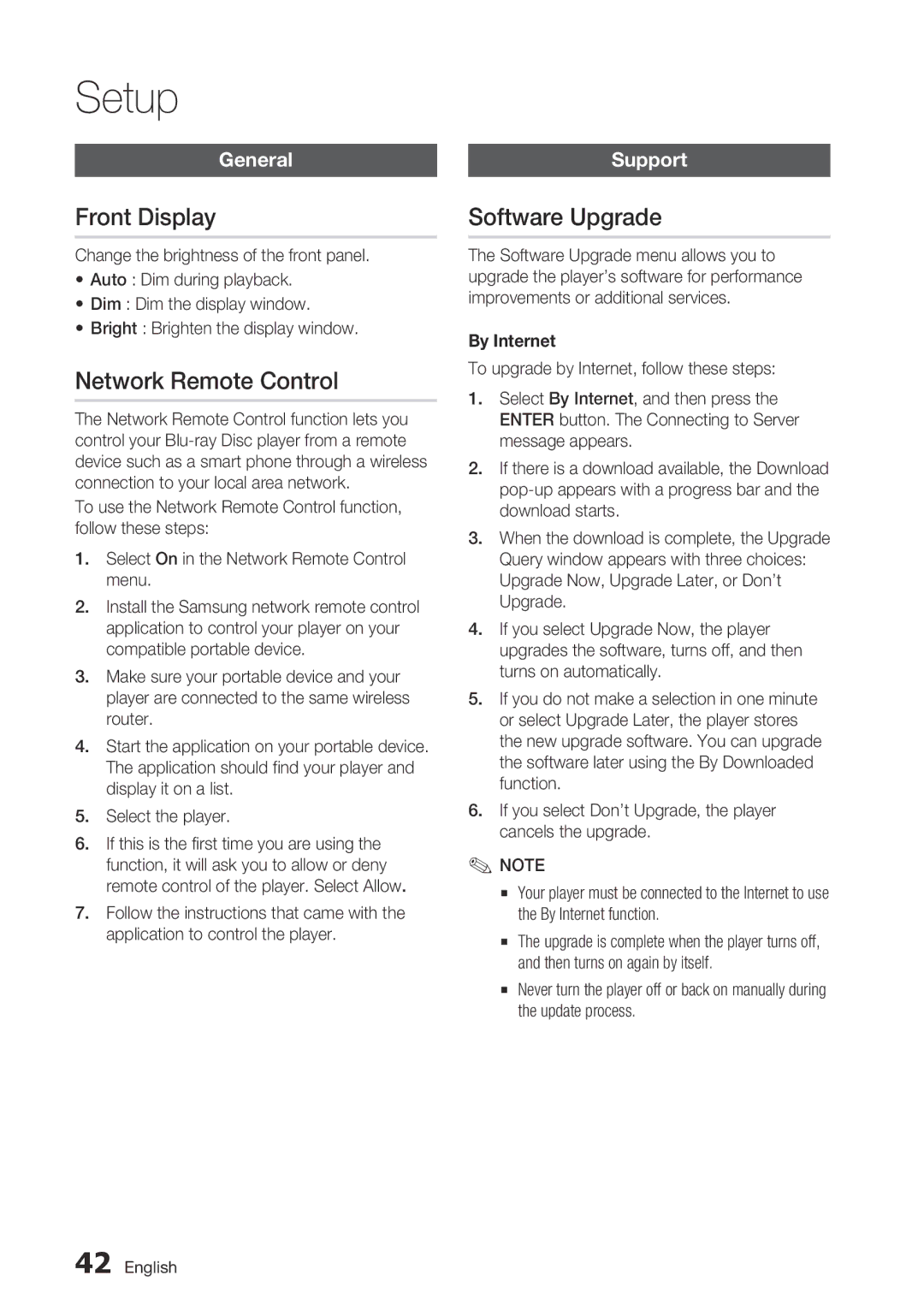 Samsung BD-D7000 user manual Front Display, Network Remote Control, Software Upgrade, General, Support 