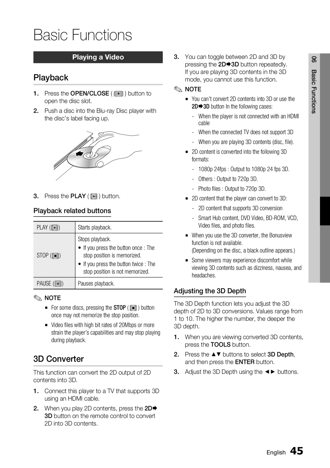 Samsung BD-D7000 user manual Basic Functions, Playback, 3D Converter, Playing a Video 