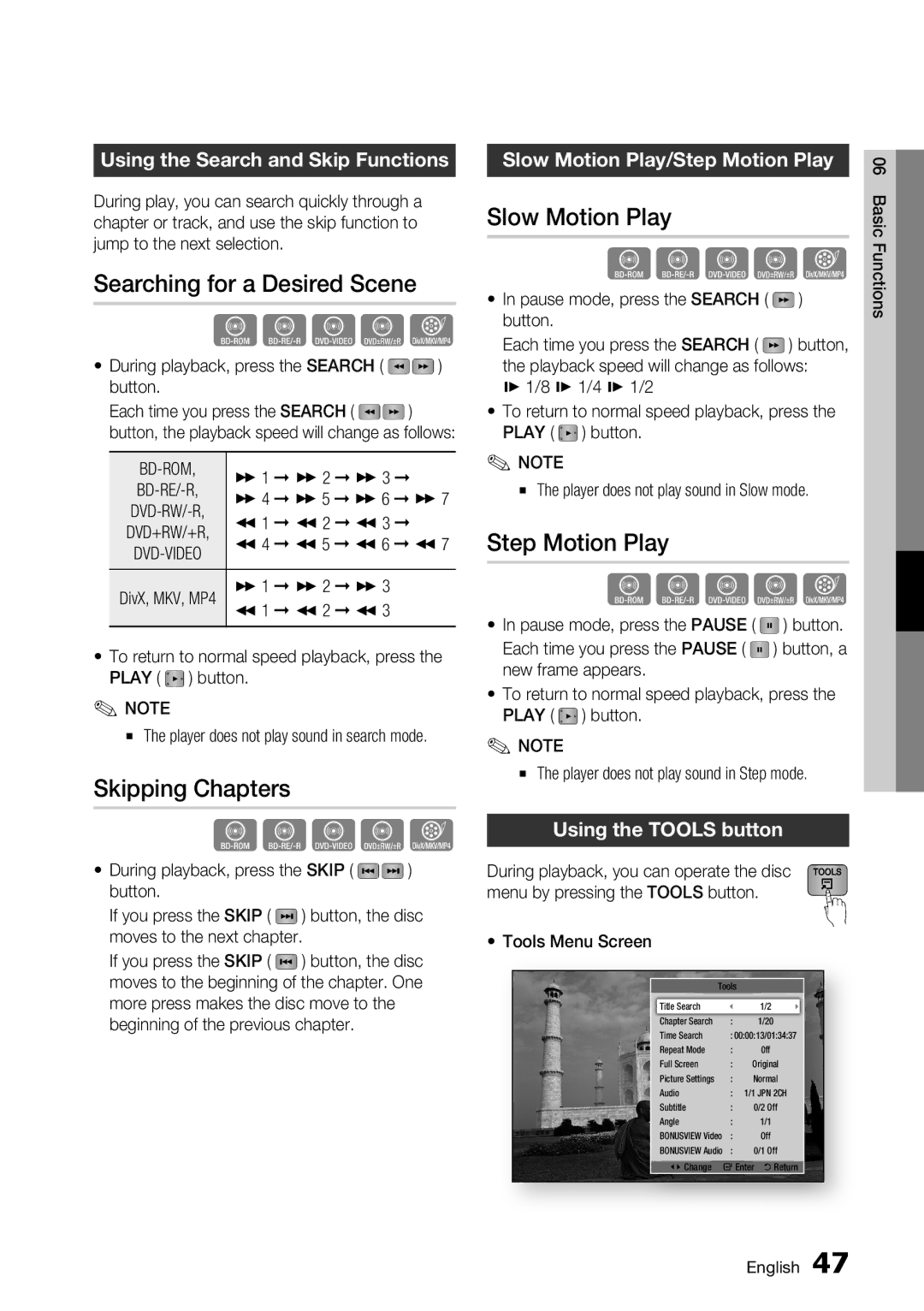 Samsung BD-D7000 user manual Searching for a Desired Scene, Skipping Chapters, Slow Motion Play, Step Motion Play 