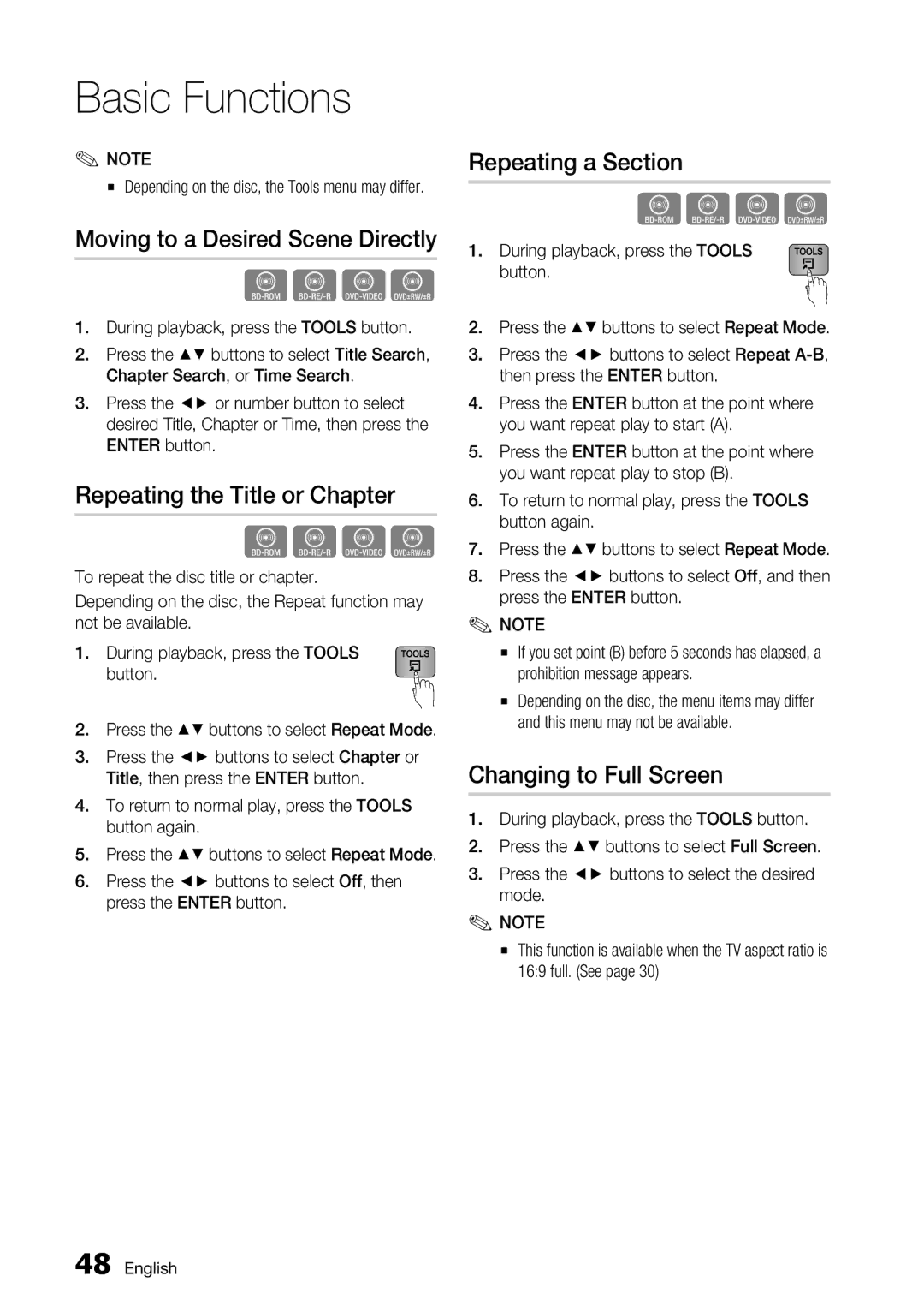 Samsung BD-D7000 user manual Moving to a Desired Scene Directly, Repeating the Title or Chapter, Repeating a Section 