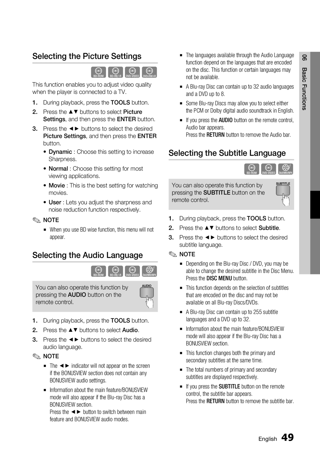 Samsung BD-D7000 user manual Selecting the Picture Settings, Selecting the Audio Language, Selecting the Subtitle Language 