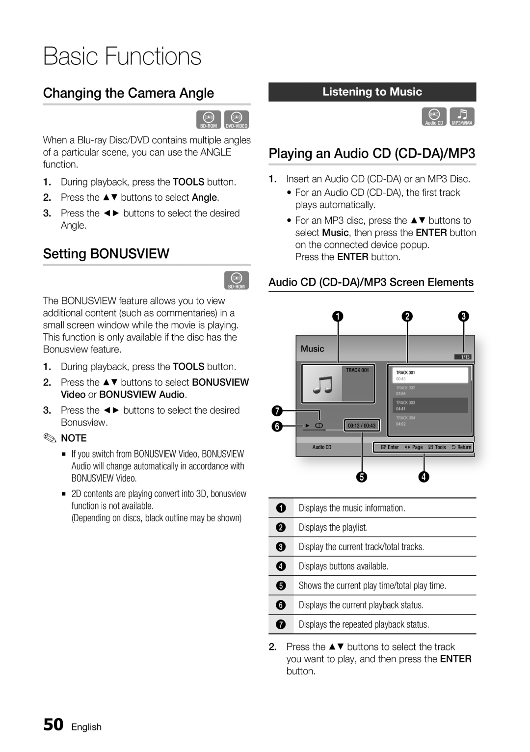 Samsung BD-D7000 Changing the Camera Angle, Setting Bonusview, Playing an Audio CD CD-DA/MP3, Listening to Music 