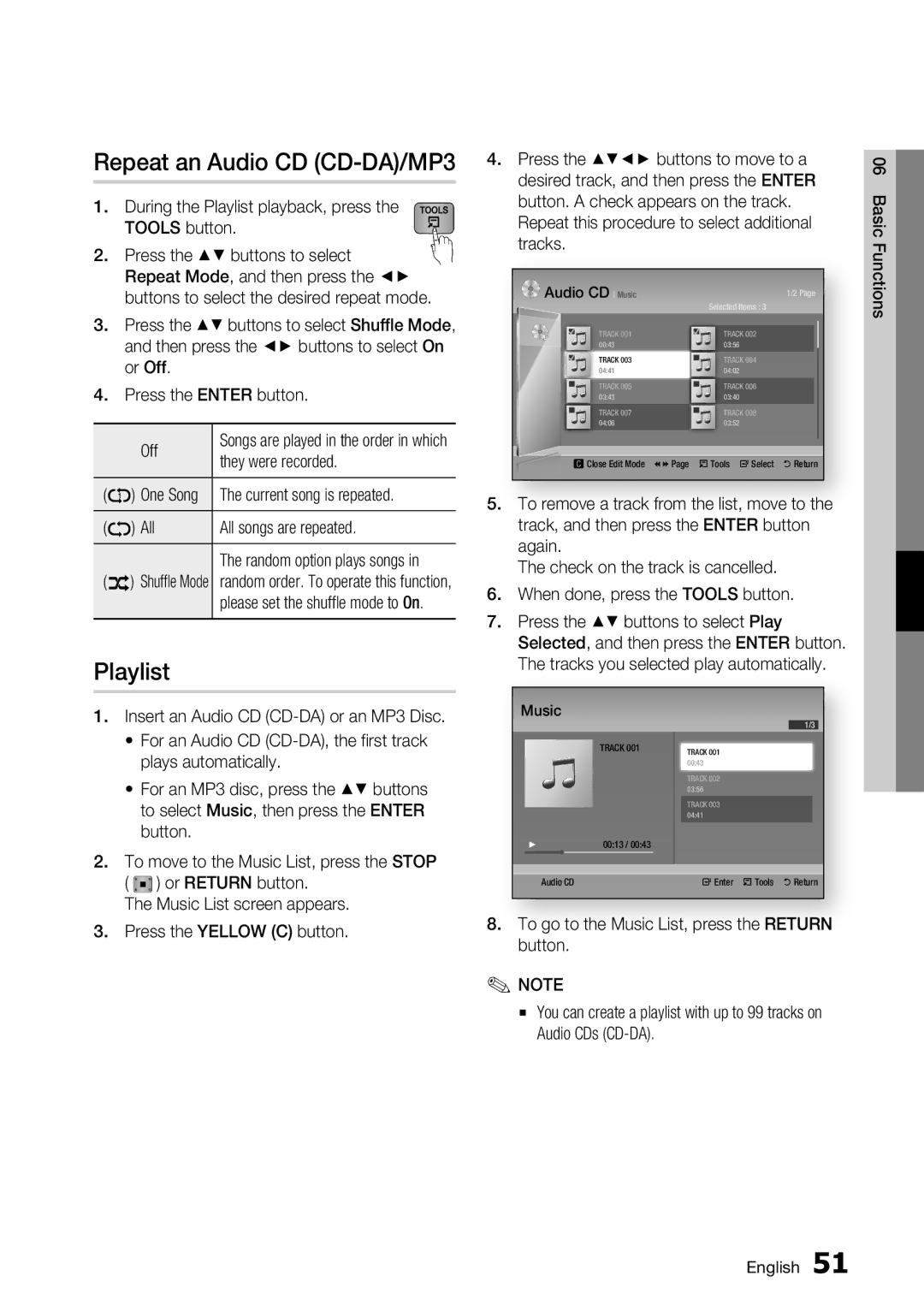 Samsung BD-D7000 user manual Repeat an Audio CD CD-DA/MP3, Playlist, They were recorded, Current song is repeated 