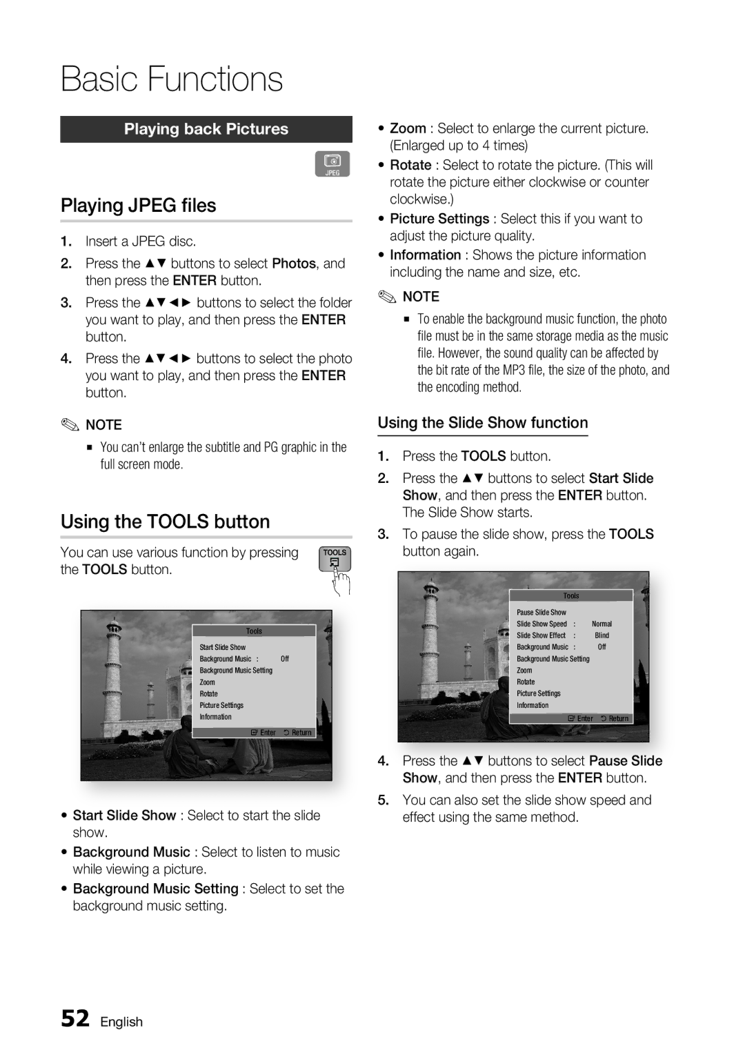 Samsung BD-D7000 Playing Jpeg files, Using the Tools button, Playing back Pictures, Using the Slide Show function 