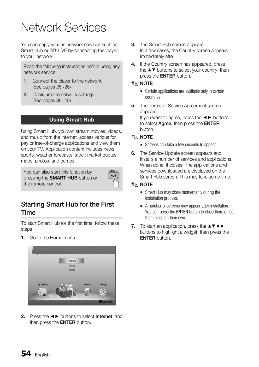 Samsung BD-D7000 user manual Starting Smart Hub for the First, Time, Using Smart Hub 