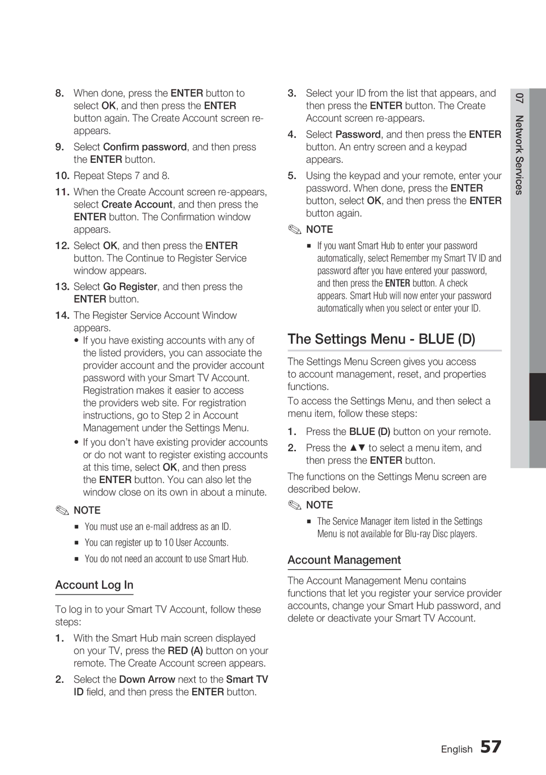 Samsung BD-D7000 user manual Settings Menu Blue D, Account Log, Account Management 