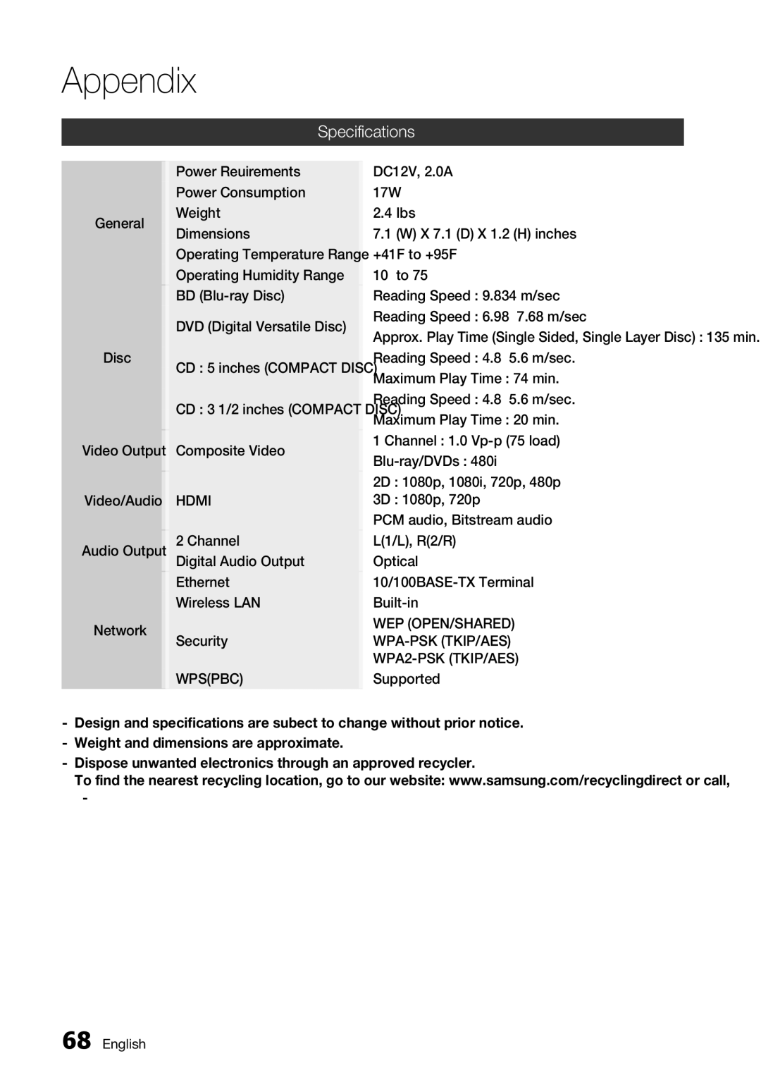 Samsung BD-D7000 user manual Specifications 