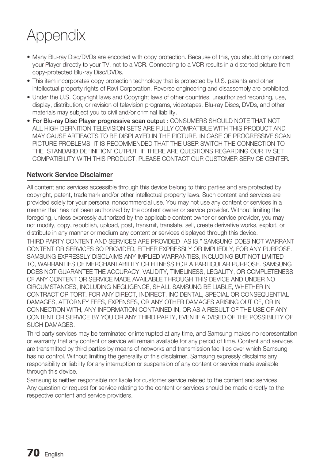 Samsung BD-D7000 user manual Network Service Disclaimer 