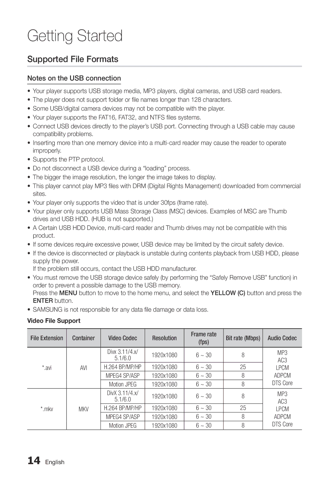 Samsung BD-D7000/XE, BD-D7000/EN, BD-D7000/ZF manual Supported File Formats, Video File Support 