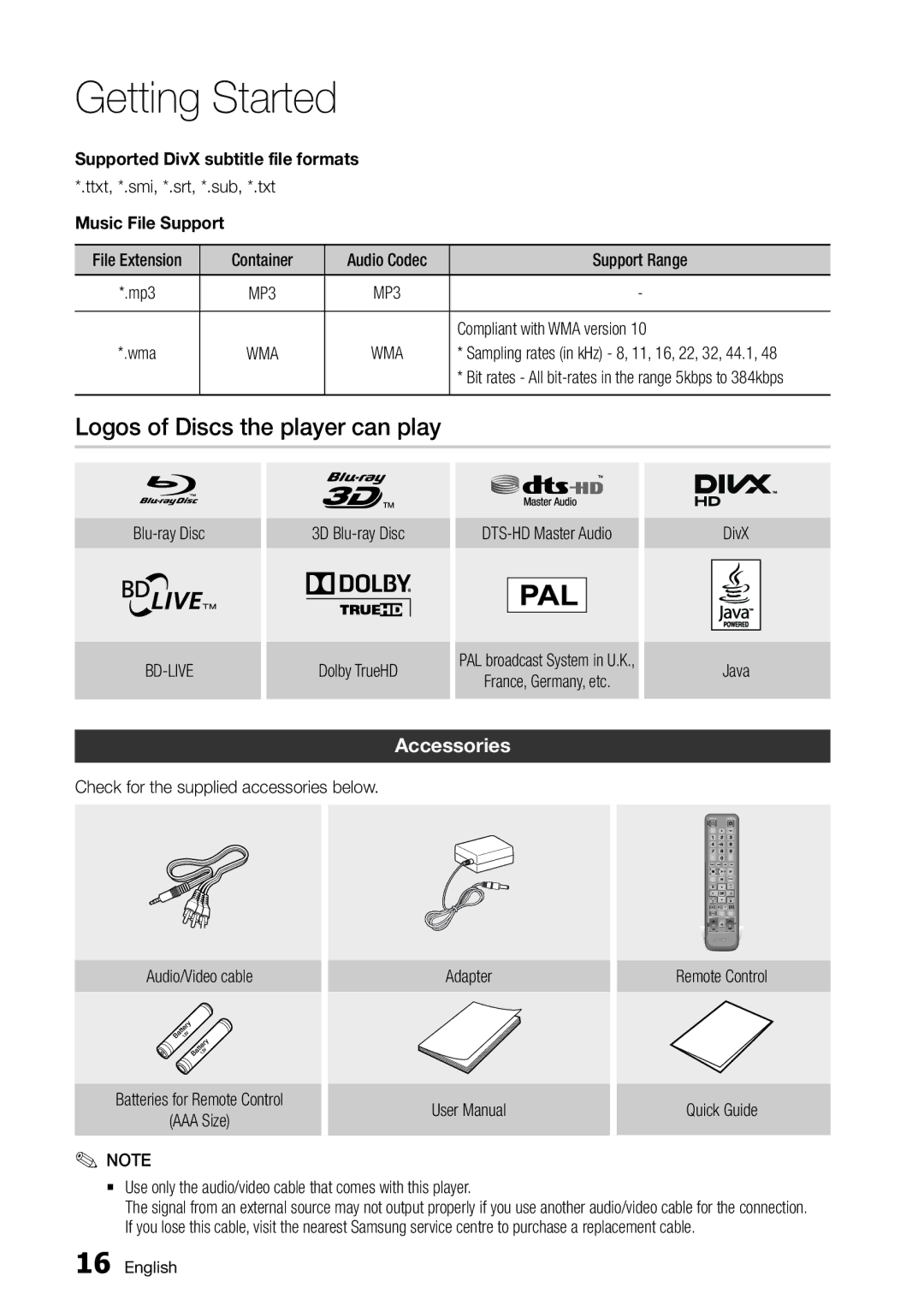 Samsung BD-D7000/ZF manual Logos of Discs the player can play, Accessories, Music File Support, Compliant with WMA version 