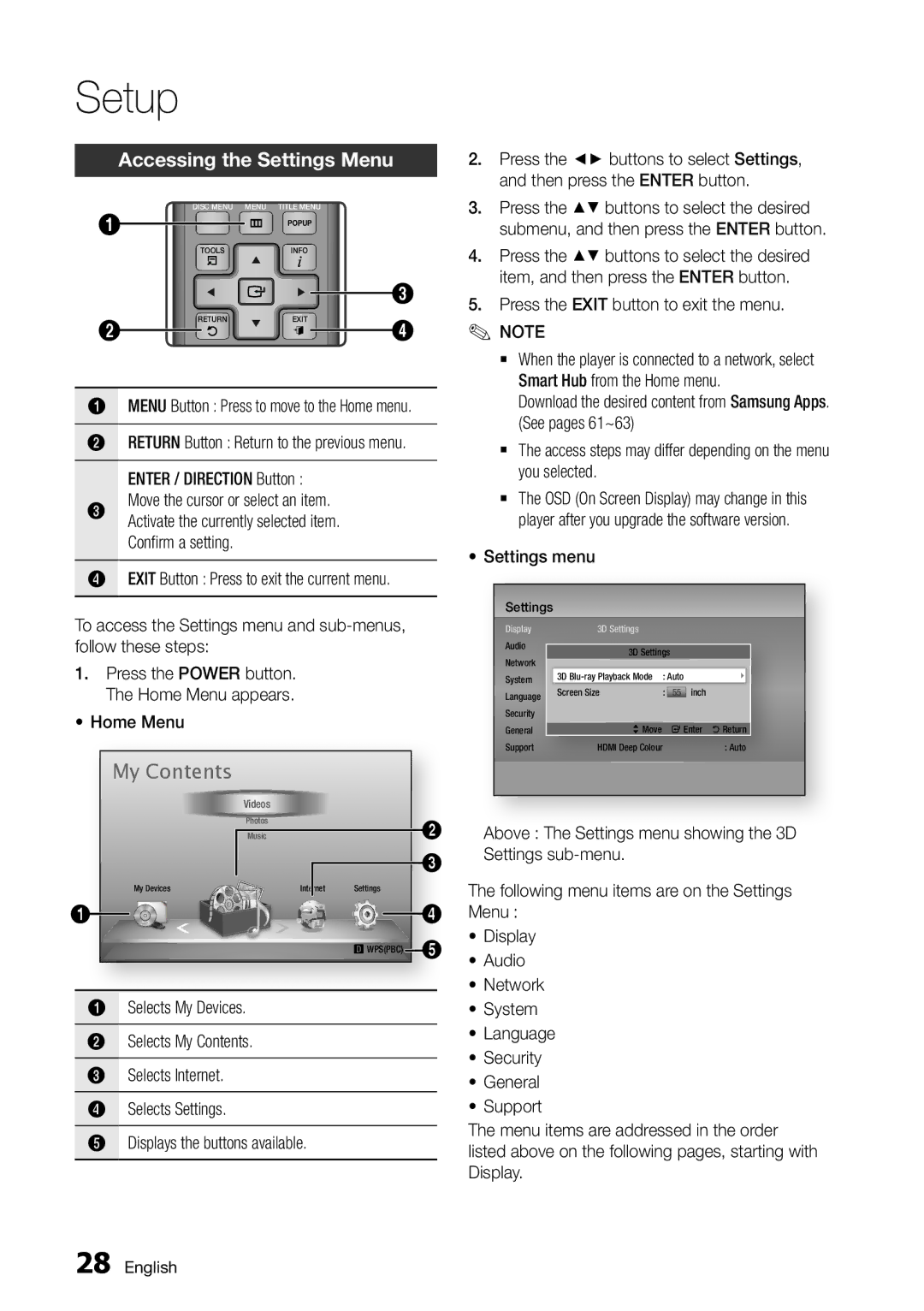 Samsung BD-D7000/ZF, BD-D7000/EN, BD-D7000/XE manual Accessing the Settings Menu 