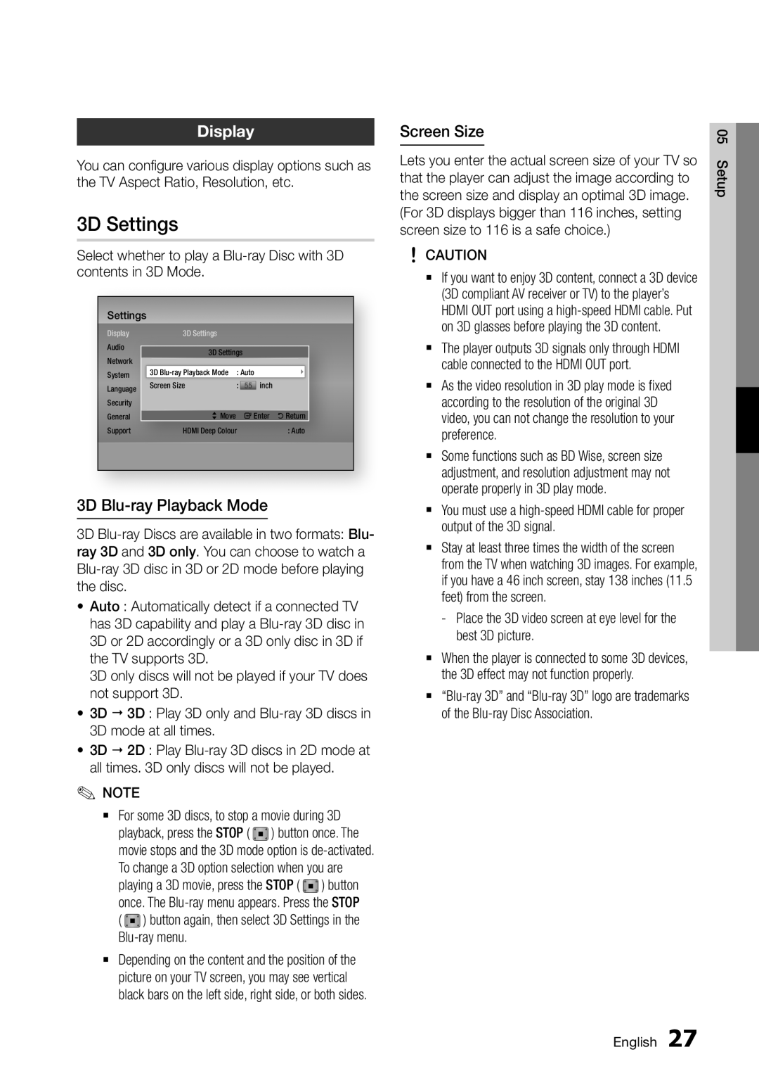 Samsung BD-D7000/XE, BD-D7000/EN, BD-D7000/ZF manual 3D Settings, Display, 3D Blu-ray Playback Mode, Screen Size 