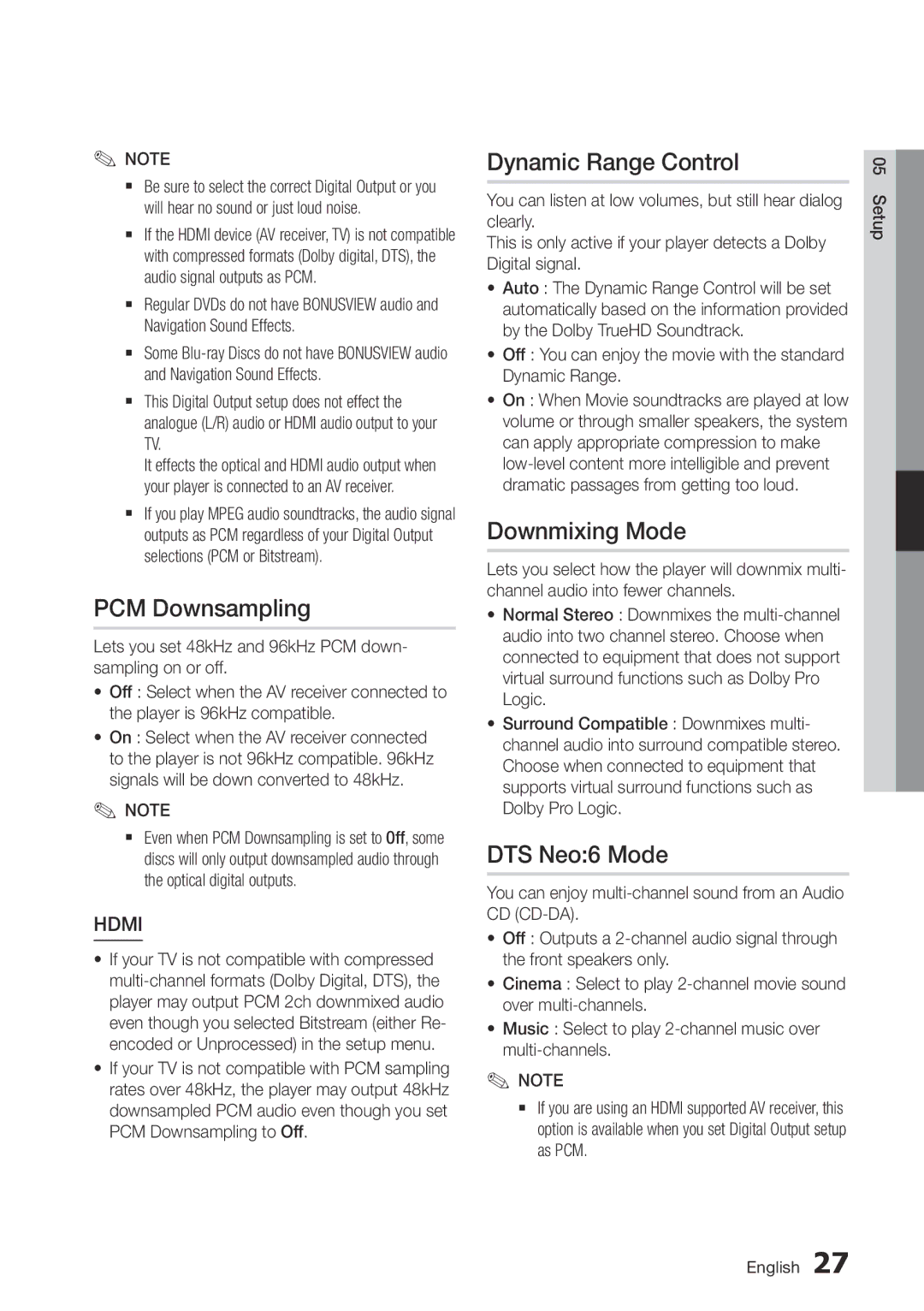 Samsung BD-D7000/XE, BD-D7000/EN, BD-D7000/ZF manual PCM Downsampling, Dynamic Range Control, Downmixing Mode, DTS Neo6 Mode 