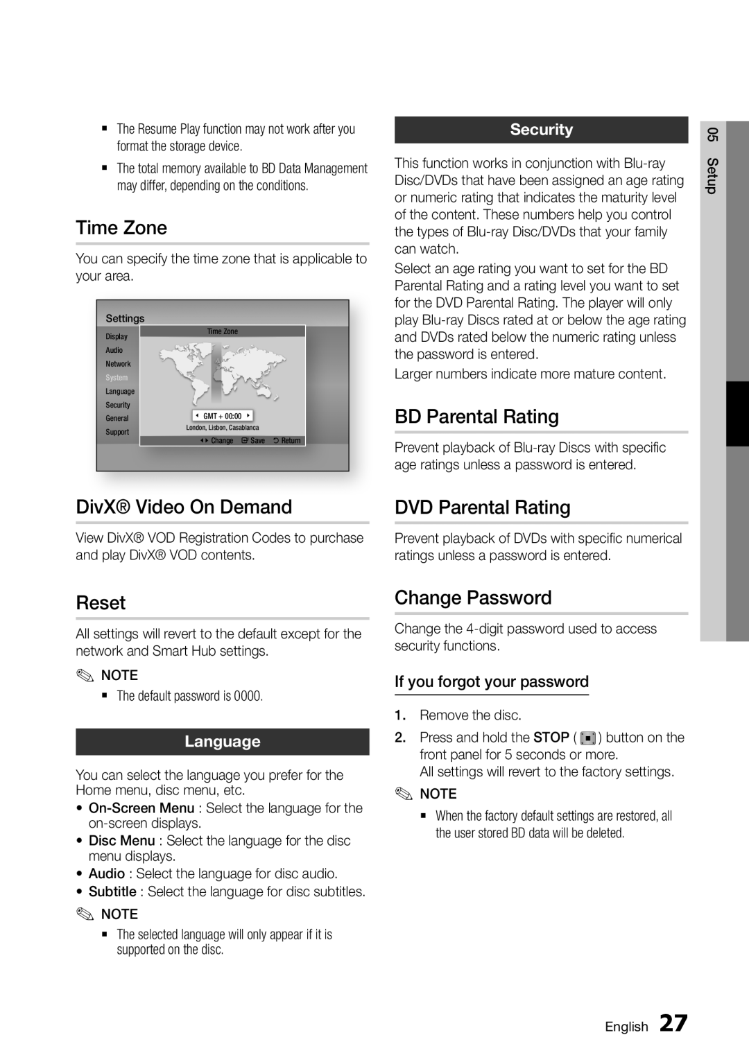 Samsung BD-D7000/XE manual Time Zone, DivX Video On Demand, Reset, BD Parental Rating, DVD Parental Rating, Change Password 