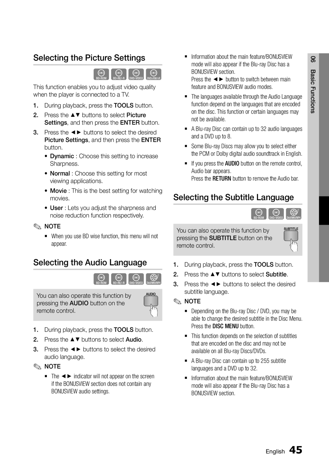 Samsung BD-D7000/ZF manual Selecting the Picture Settings, Selecting the Audio Language, Selecting the Subtitle Language 