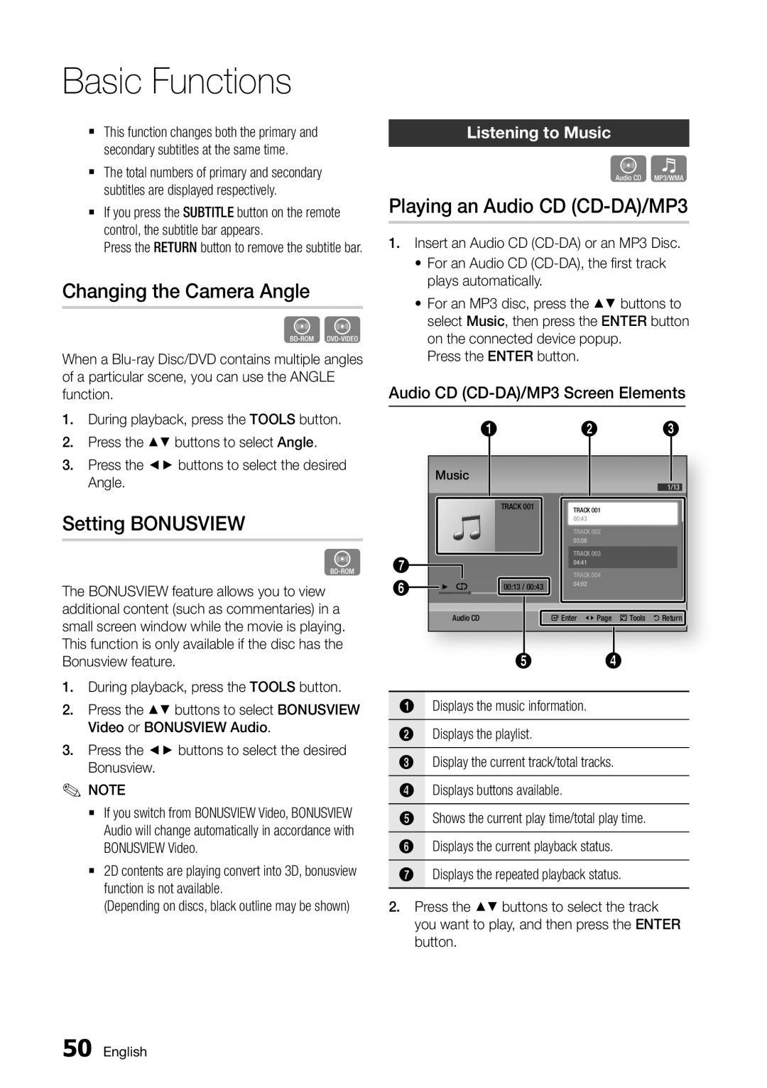 Samsung BD-D7000/XE manual Changing the Camera Angle, Setting Bonusview, Playing an Audio CD CD-DA/MP3, Listening to Music 