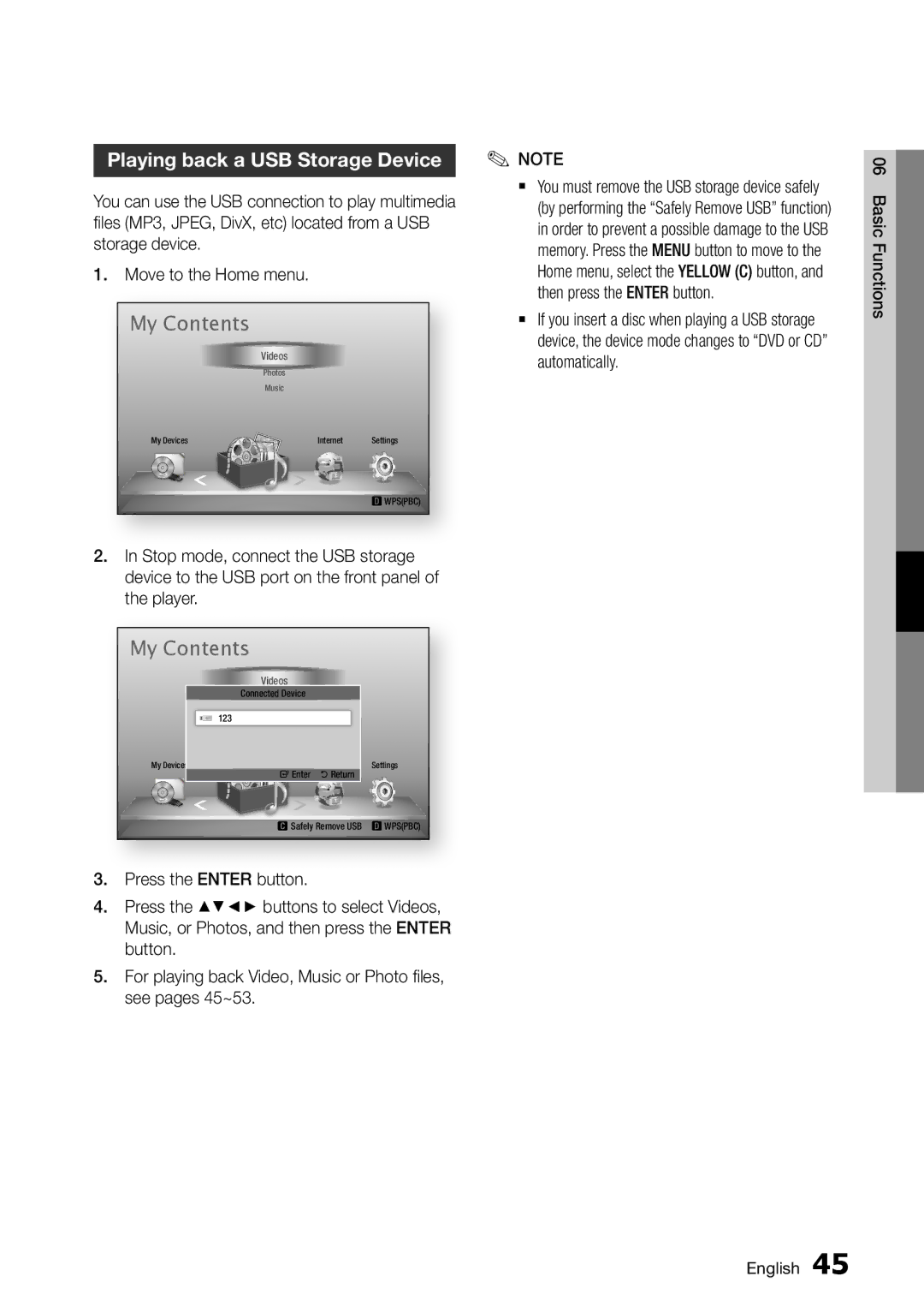 Samsung BD-D7000/XE, BD-D7000/EN, BD-D7000/ZF Playing back a USB Storage Device, Stop mode, connect the USB storage, Player 