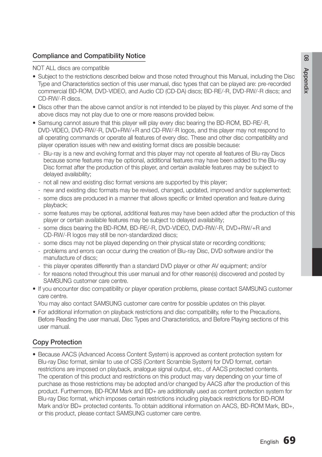 Samsung BD-D7000/EN, BD-D7000/ZF, BD-D7000/XE manual Compliance and Compatibility Notice, Copy Protection 