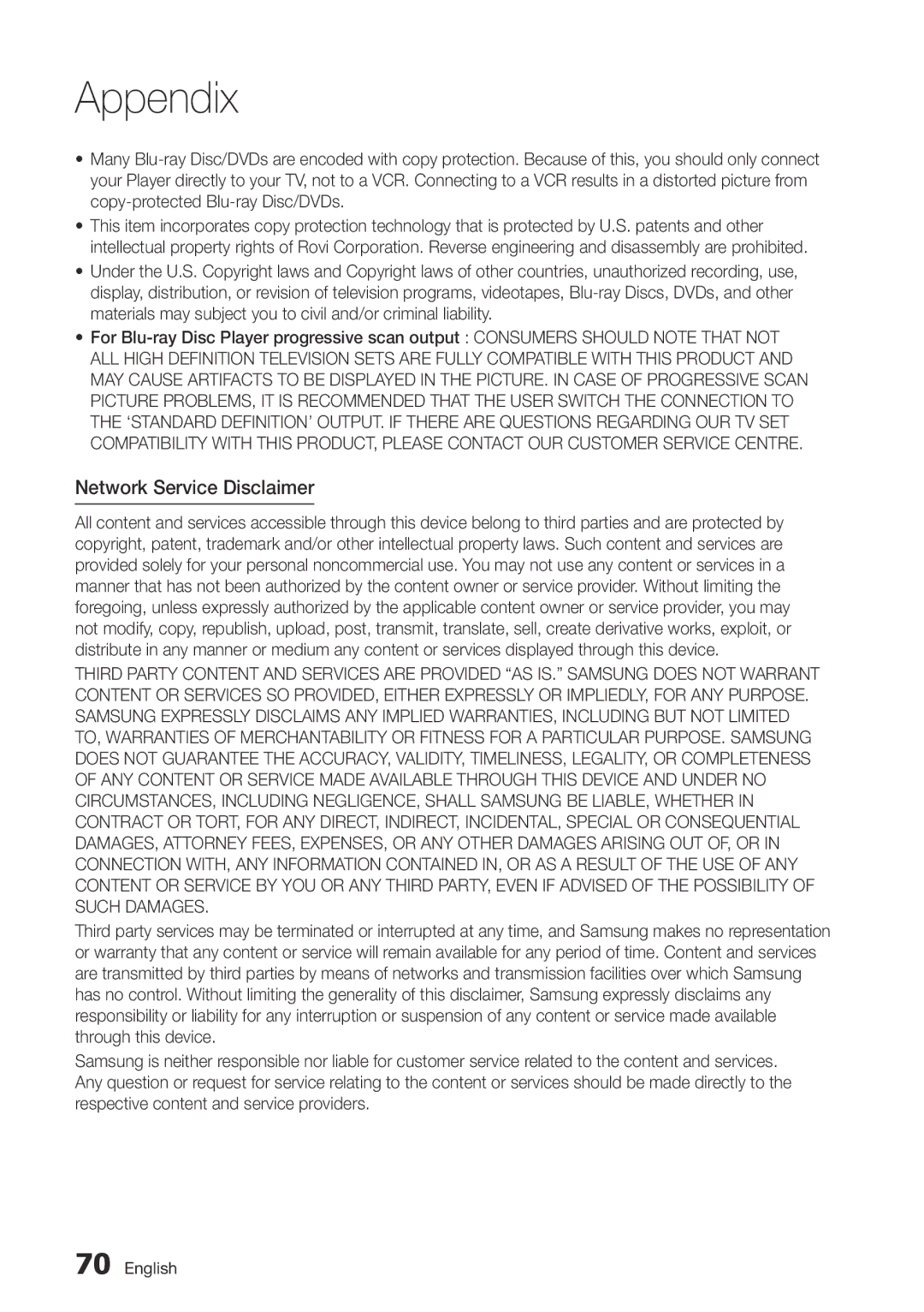 Samsung BD-D7000/ZF, BD-D7000/EN, BD-D7000/XE manual Network Service Disclaimer 