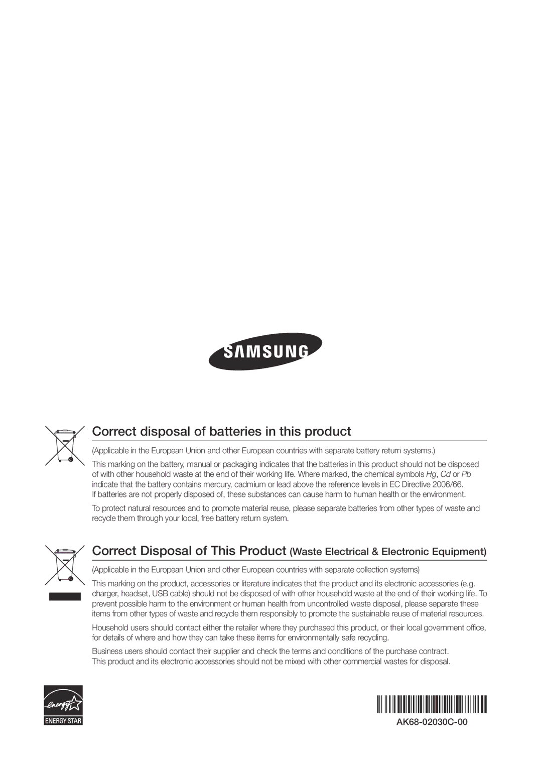 Samsung BD-D7000/EN, BD-D7000/ZF, BD-D7000/XE manual Correct disposal of batteries in this product 