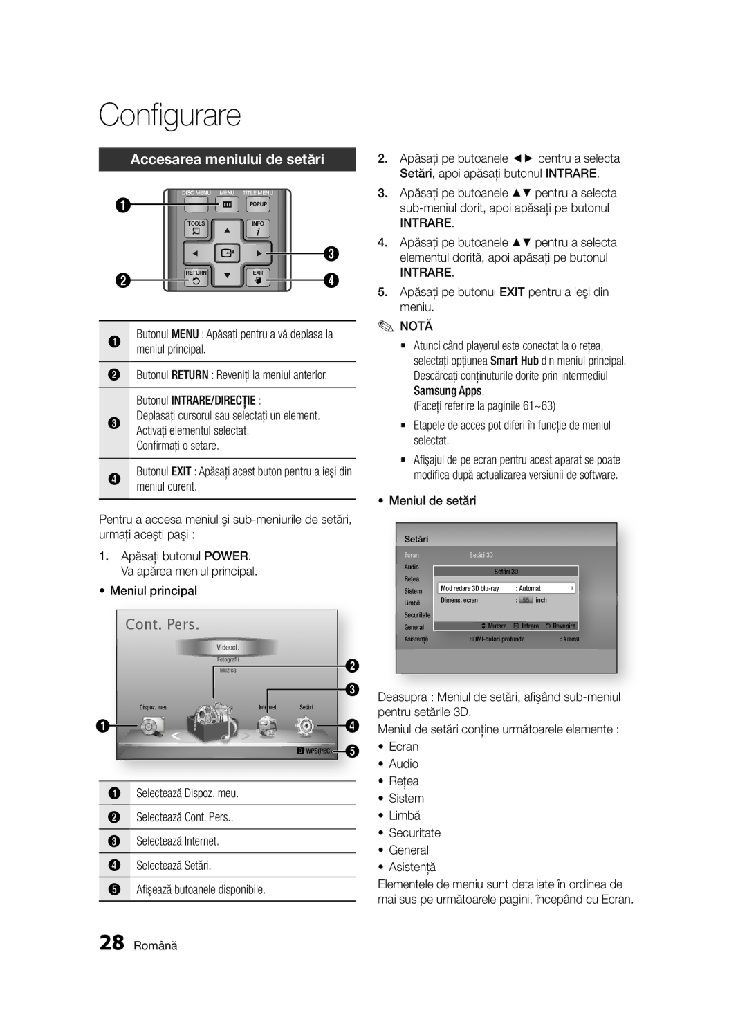 Samsung BD-D7000/EN Accesarea meniului de setări, Butonul INTRARE/DIRECŢIE, Activaţi elementul selectat, Meniul de setări 