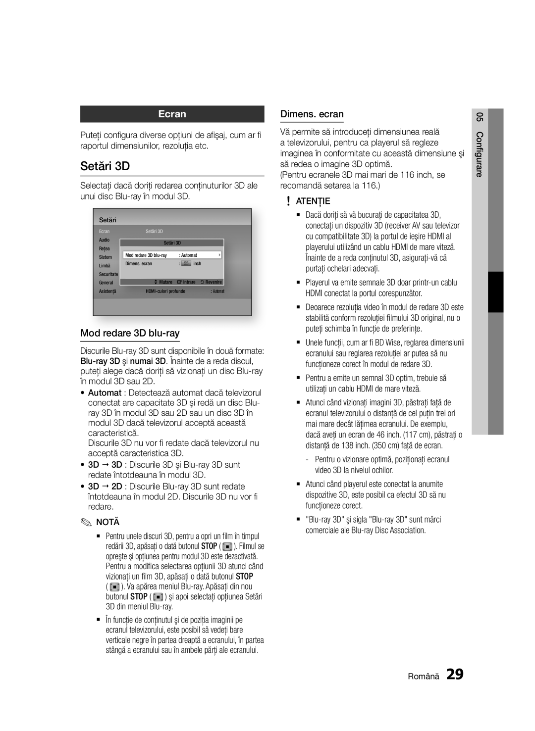 Samsung BD-D7000/EN manual Setări 3D, Ecran, Mod redare 3D blu-ray, Dimens. ecran 