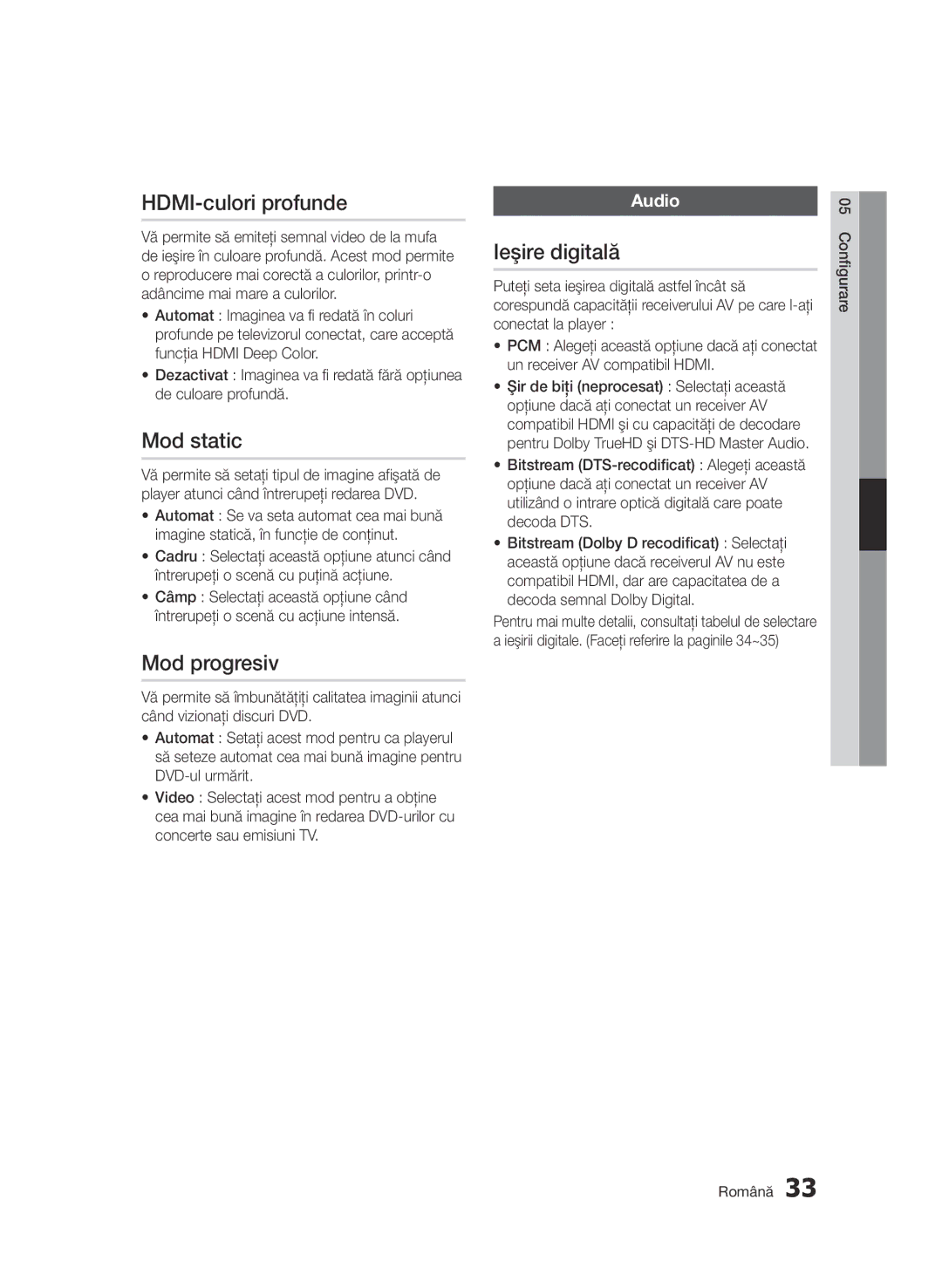 Samsung BD-D7000/EN manual HDMI-culori profunde, Mod static, Mod progresiv, Ieşire digitală, Audio 