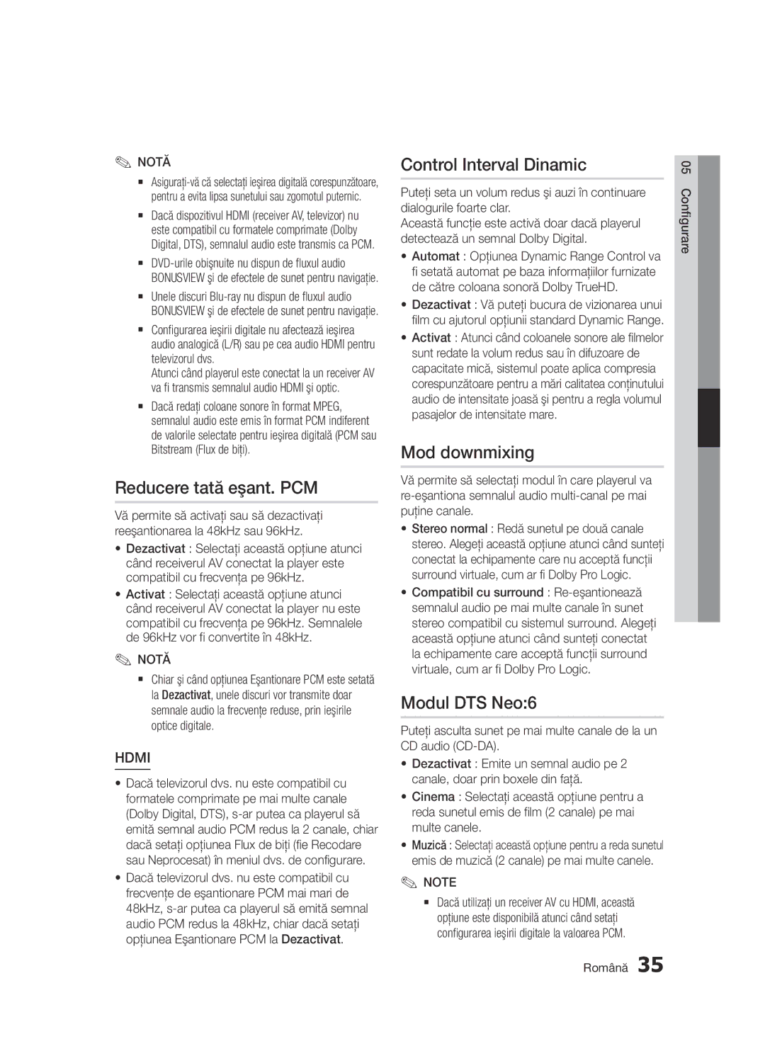 Samsung BD-D7000/EN manual Reducere tată eşant. PCM, Control Interval Dinamic, Mod downmixing, Modul DTS Neo6 