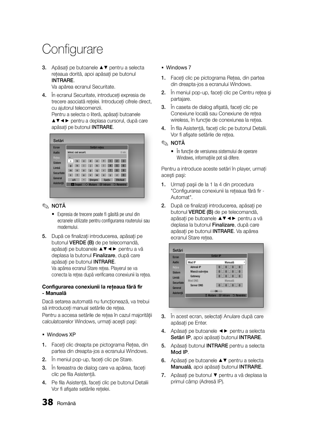 Samsung BD-D7000/EN manual Configurarea conexiunii la reţeaua fără fir Manuală, 38 Română 